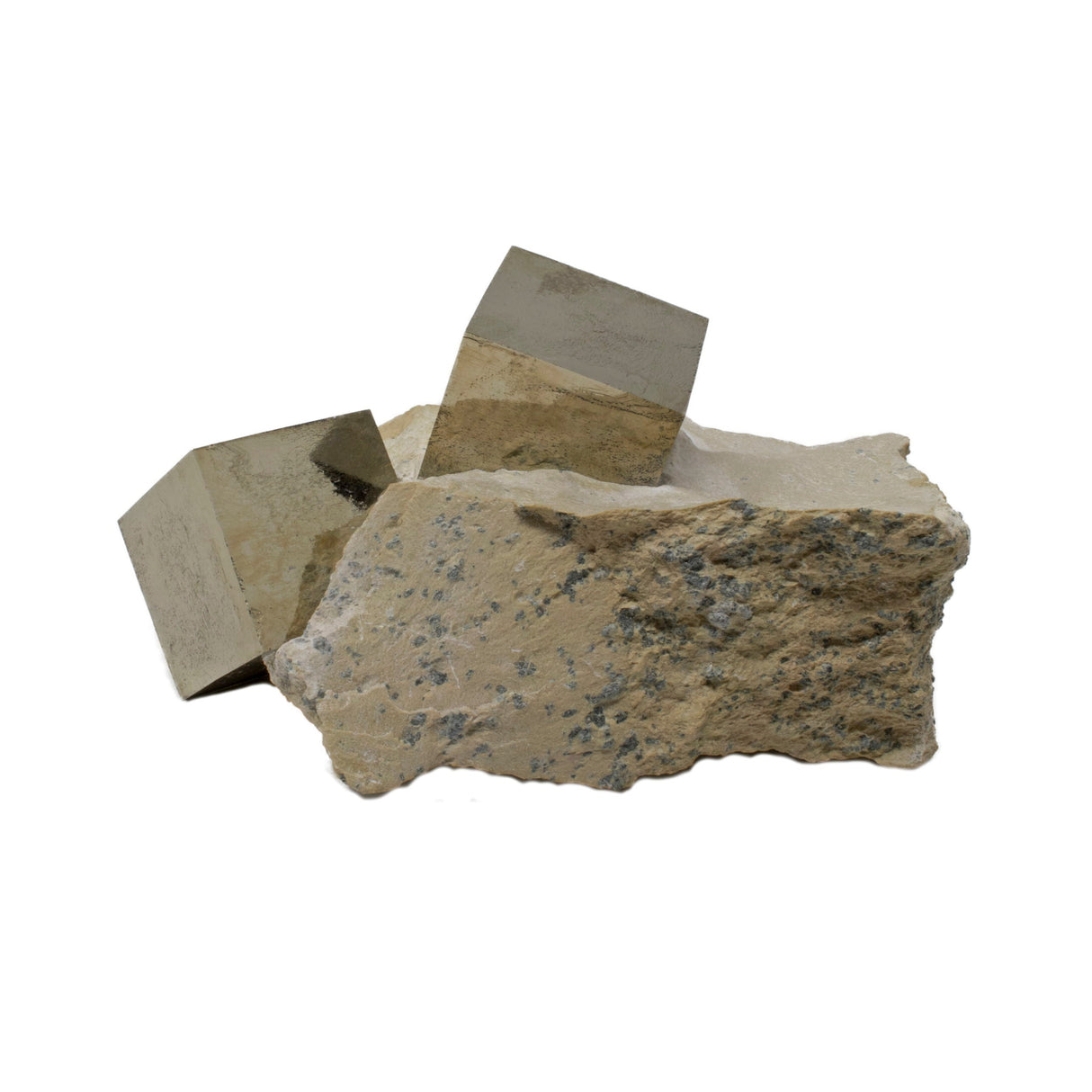 Cubic Pyrite Single Crystals in Matrix on Lucite Stand