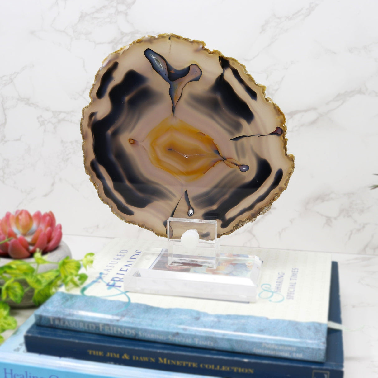Agate Slice on Lucite Screw Stand with Butterfly Effect Pattern & Mini Druze Pockets with Double-Sided Polish