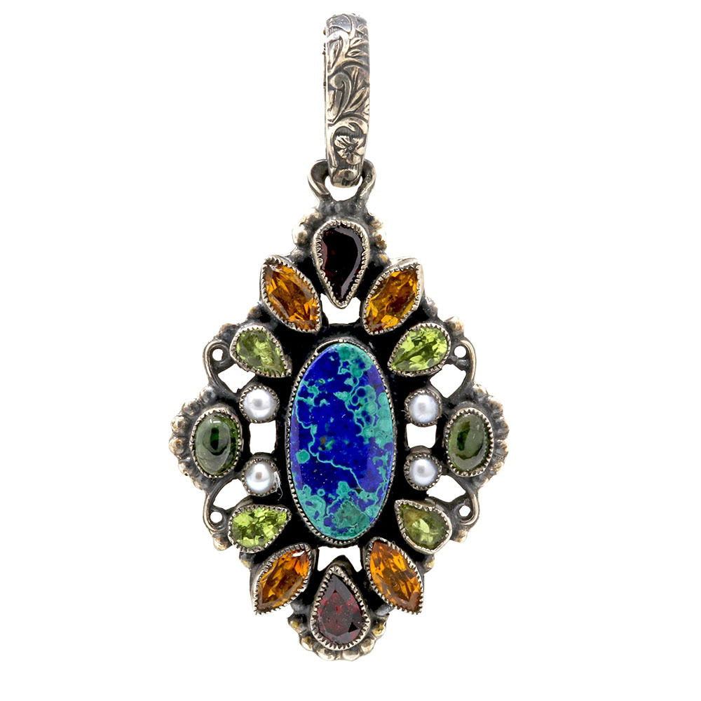 Leo Feeney Azurite-Malachite Pendant with Garnet, Citrine, Peridot, Pearl & Green Tourmaline