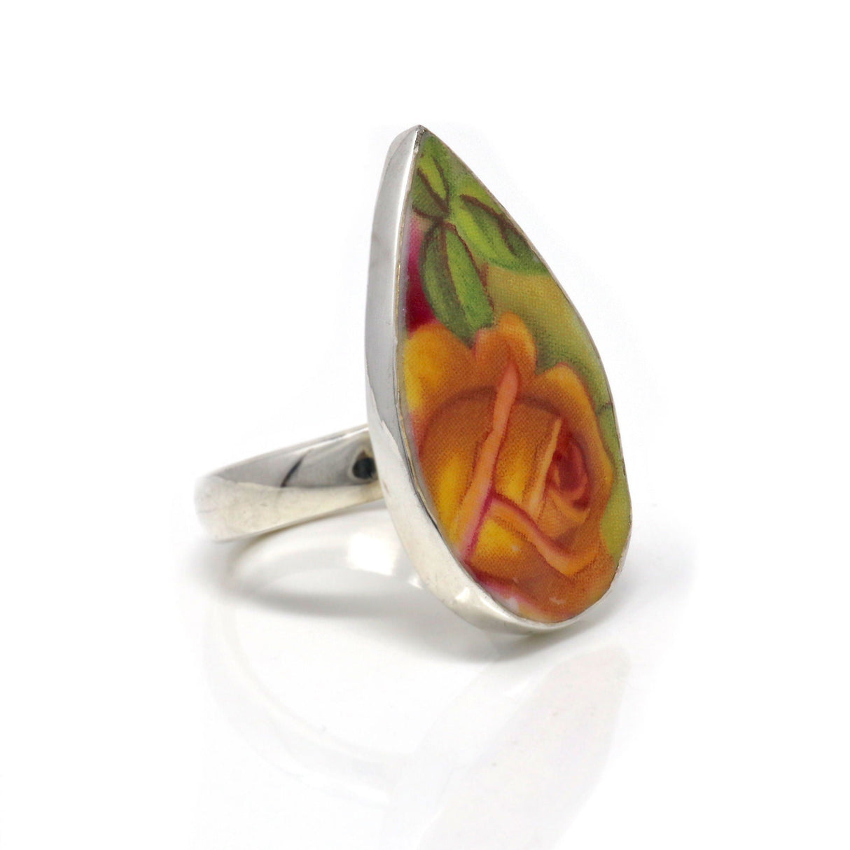 Porcelain Rose Ring Size 8 - Pear with Silver Bezel & Marigold Hued Rose