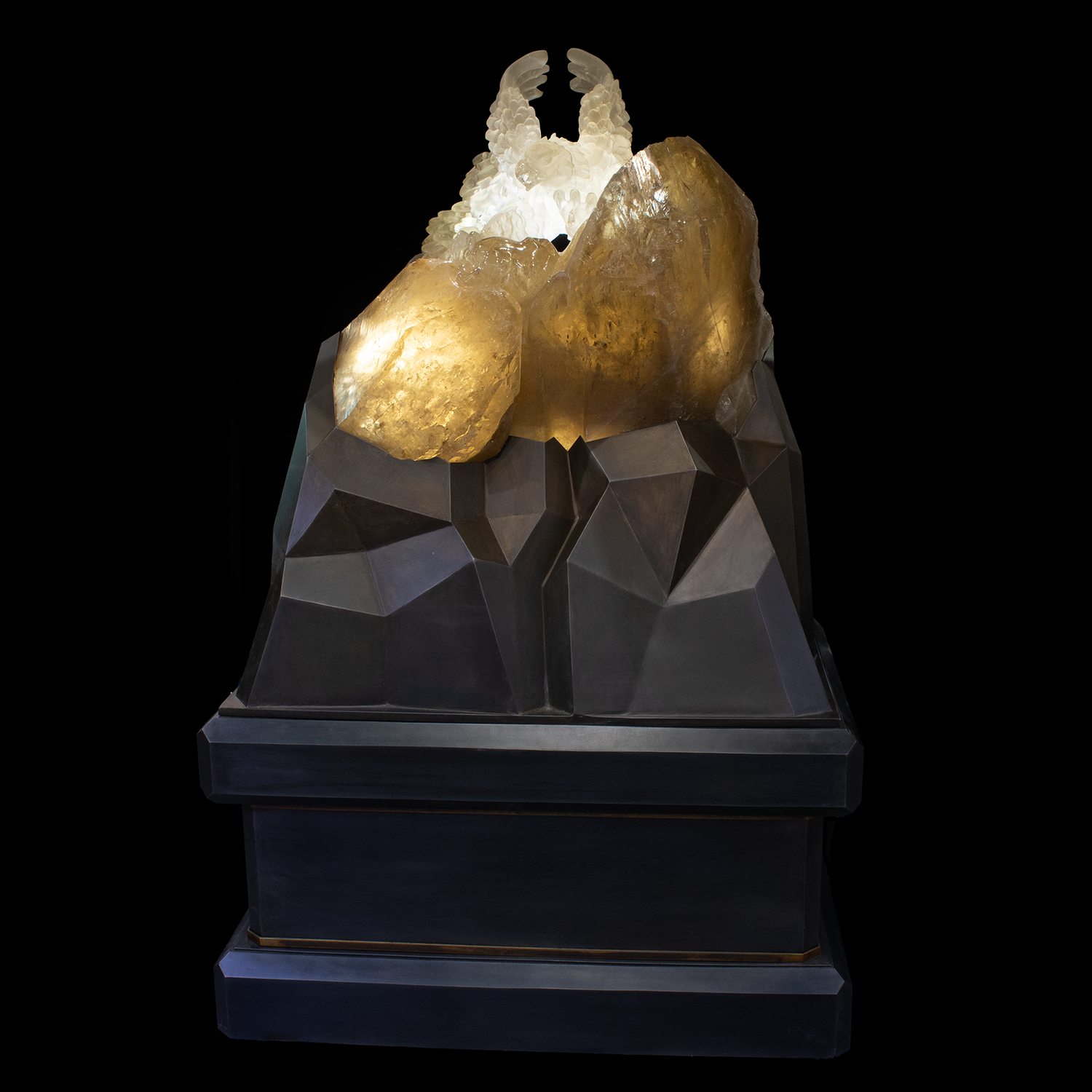 View of Natural Smoky Citrine Quartz Crystal Cluster Eagle Carving on Custom Angular Light Base on Wheels with 2 Tone Patina