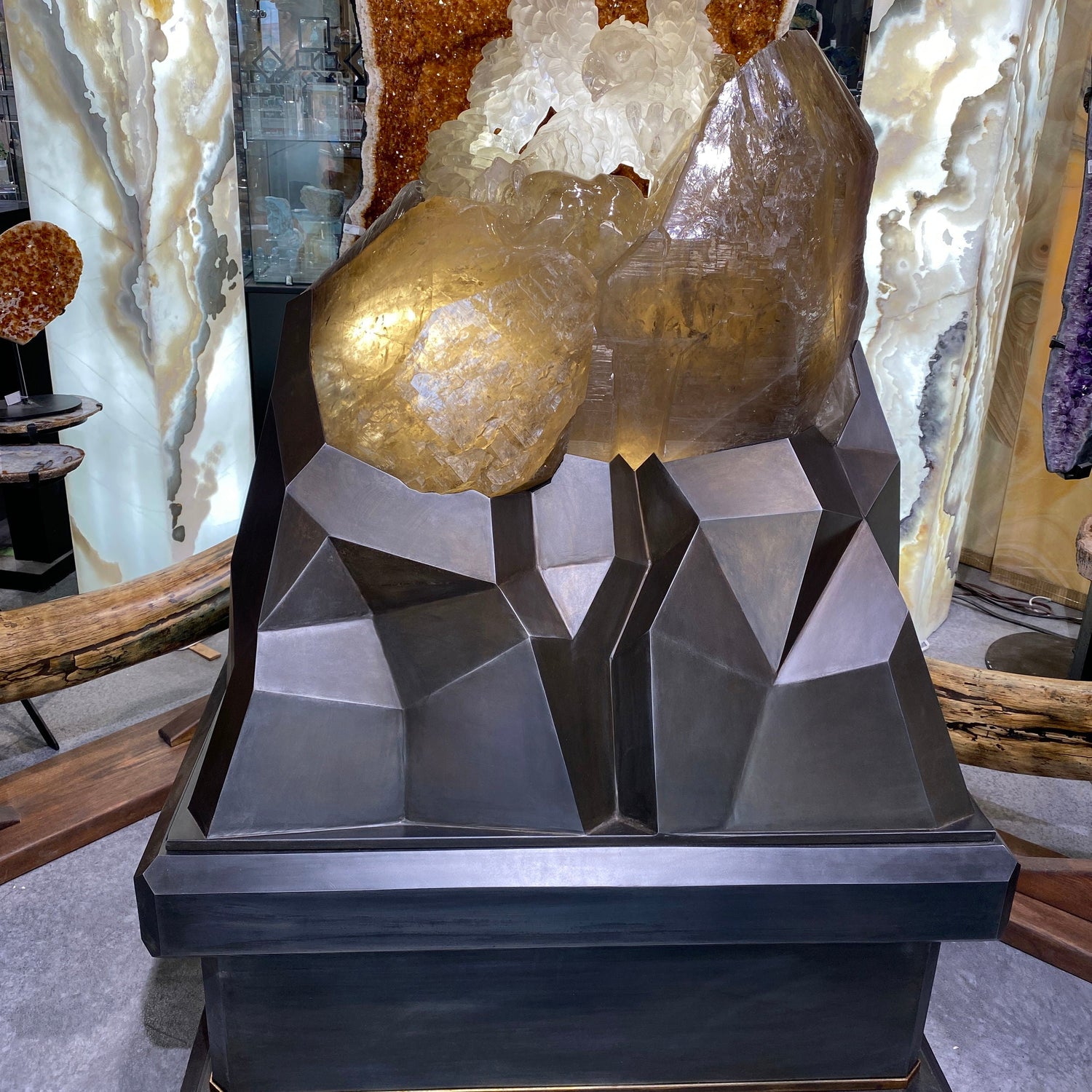 Natural Smoky Citrine Quartz Crystal Cluster Eagle Carving on Custom Angular Light Base on Wheels with 2 Tone Patina