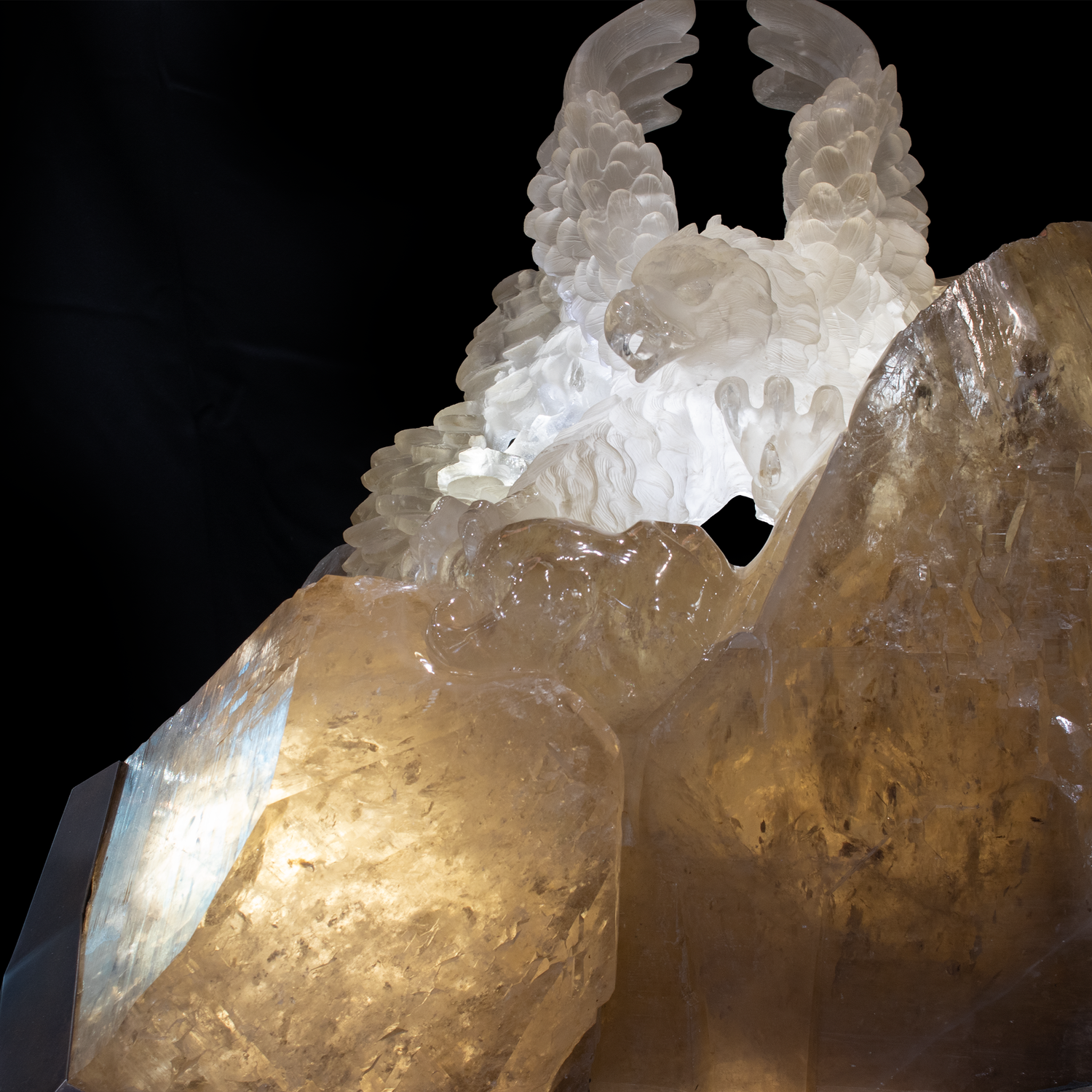 View of Natural Smoky Citrine Quartz Crystal Cluster Eagle Carving on Custom Angular Light Base on Wheels with 2 Tone Patina