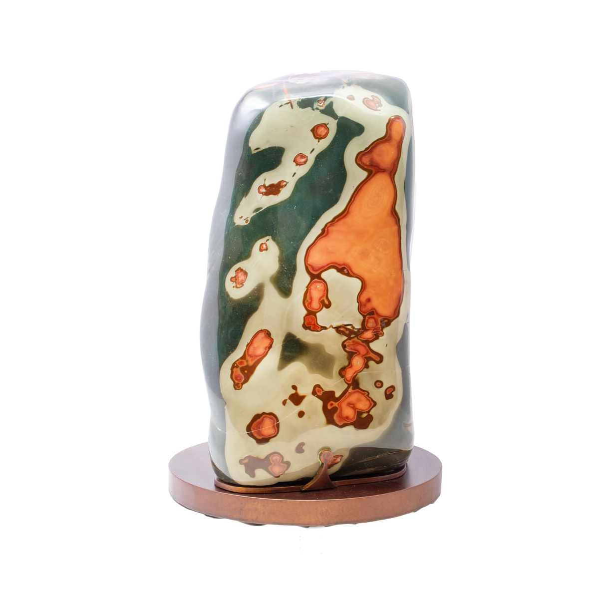 View of Polychrome Jasper Freeform Polished with Vivid Colors on Custom Rotating Base