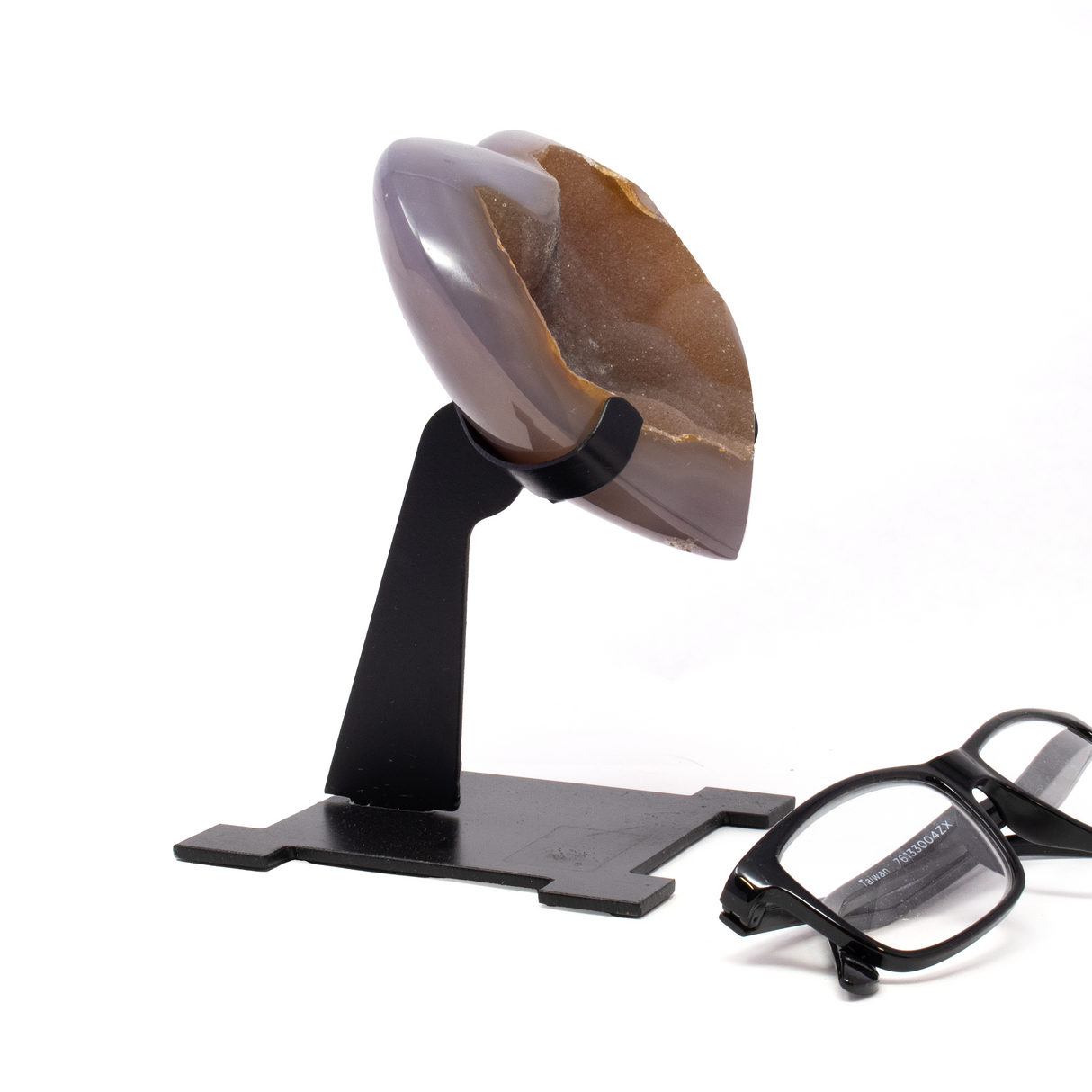 View of Druze Heart On Custom Aztec Post Stand With Dusty Orange Druze & Purple Agate