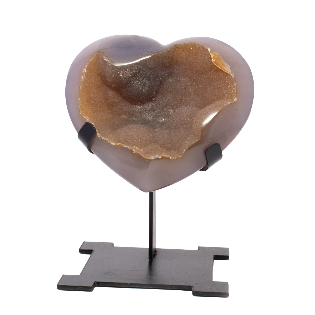 View of Druze Heart On Custom Aztec Post Stand With Dusty Orange Druze & Purple Agate