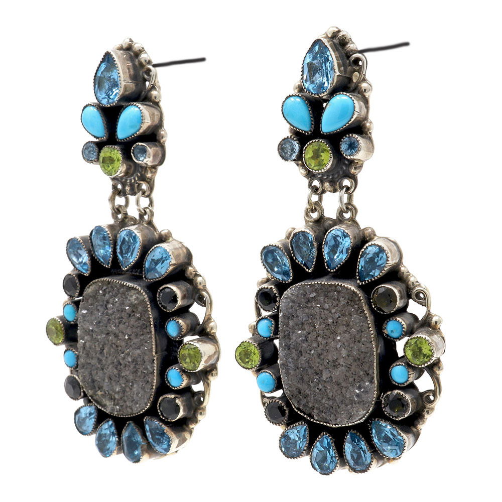 Leo Feeney Druze Earrings Gray with Blue Topaz, Sleeping Beauty Turquoise, Peridot & Green Tourmaline