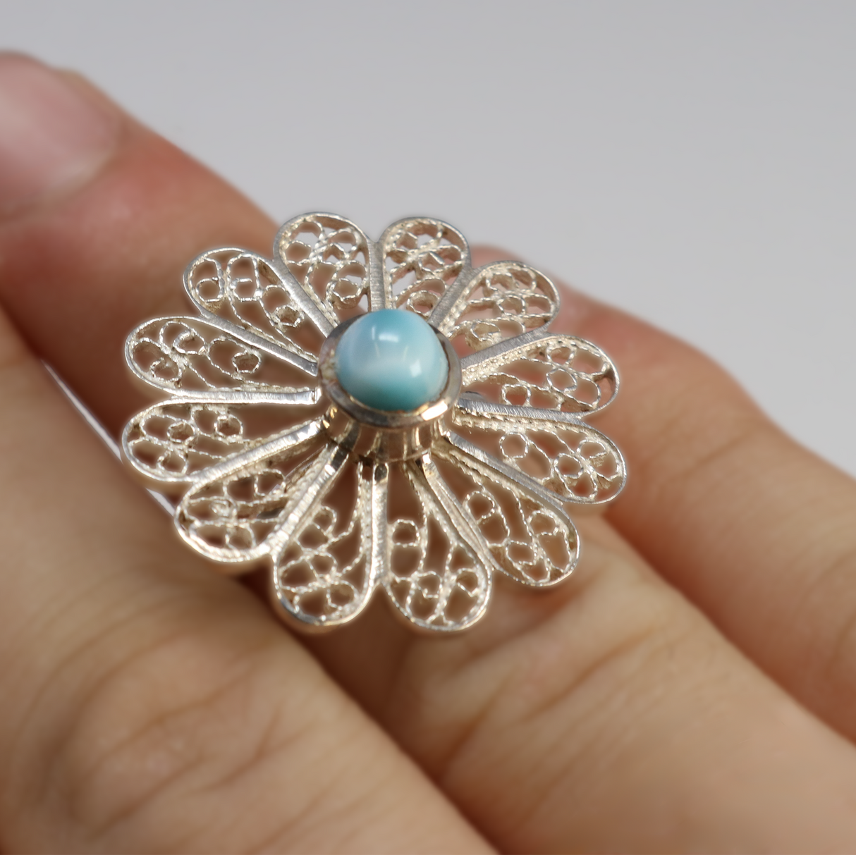 View of Larimar Flower Ring - Round Cabochon With Simple Silver Bezel & Dainty Filigree Flower Sz6