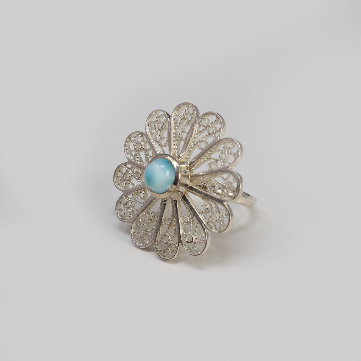 View of Larimar Flower Ring - Round Cabochon With Simple Silver Bezel & Dainty Filigree Flower Sz6