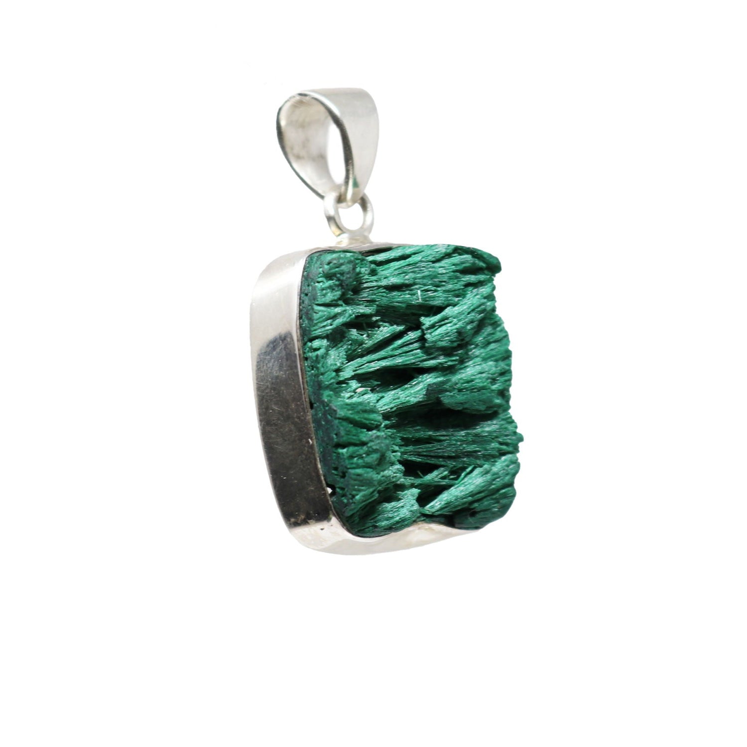 Chatoyant Malachite Pendant - Rectangle with Simple Silver Bezel