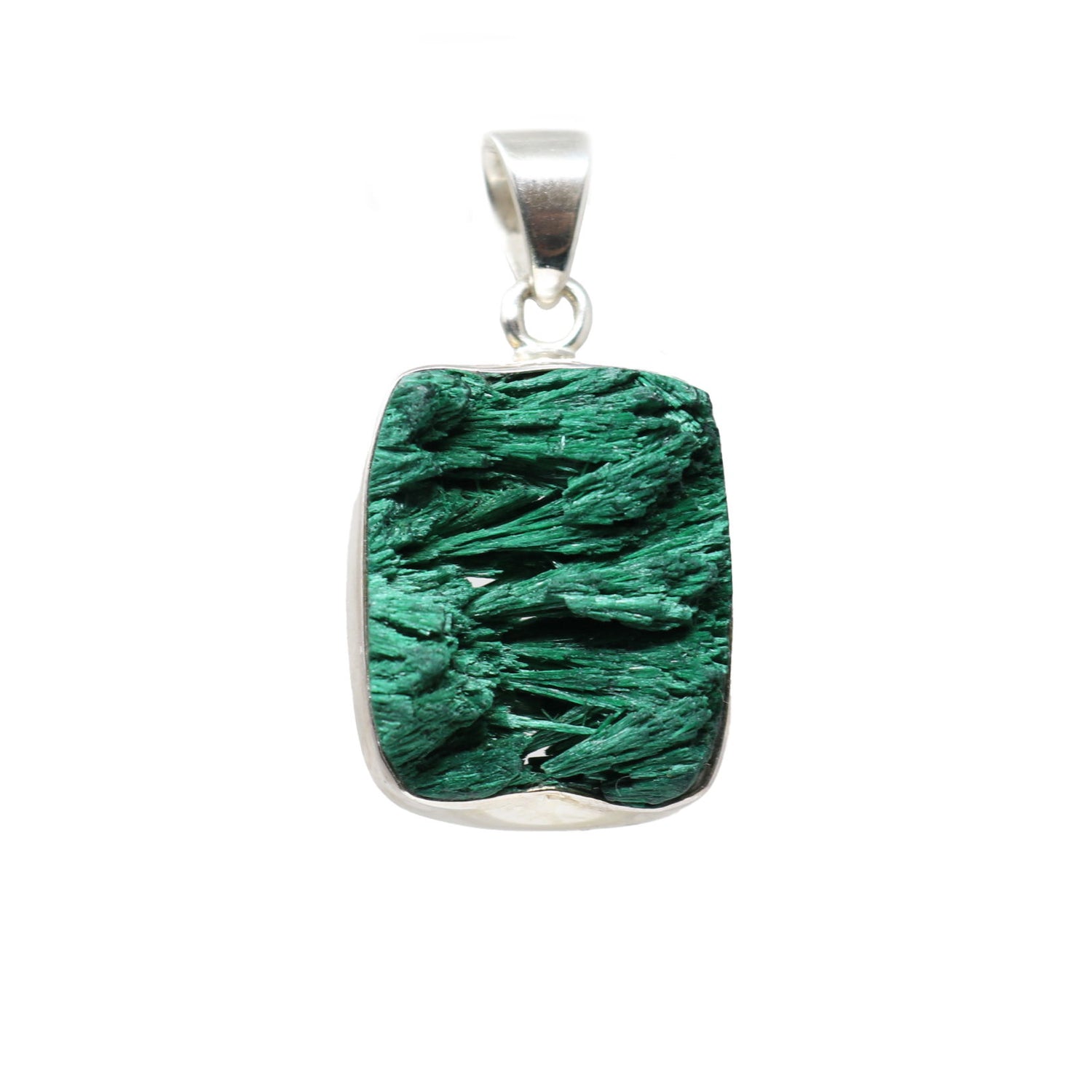 View of Chatoyant Malachite Pendant - Rectangle with Simple Silver Bezel