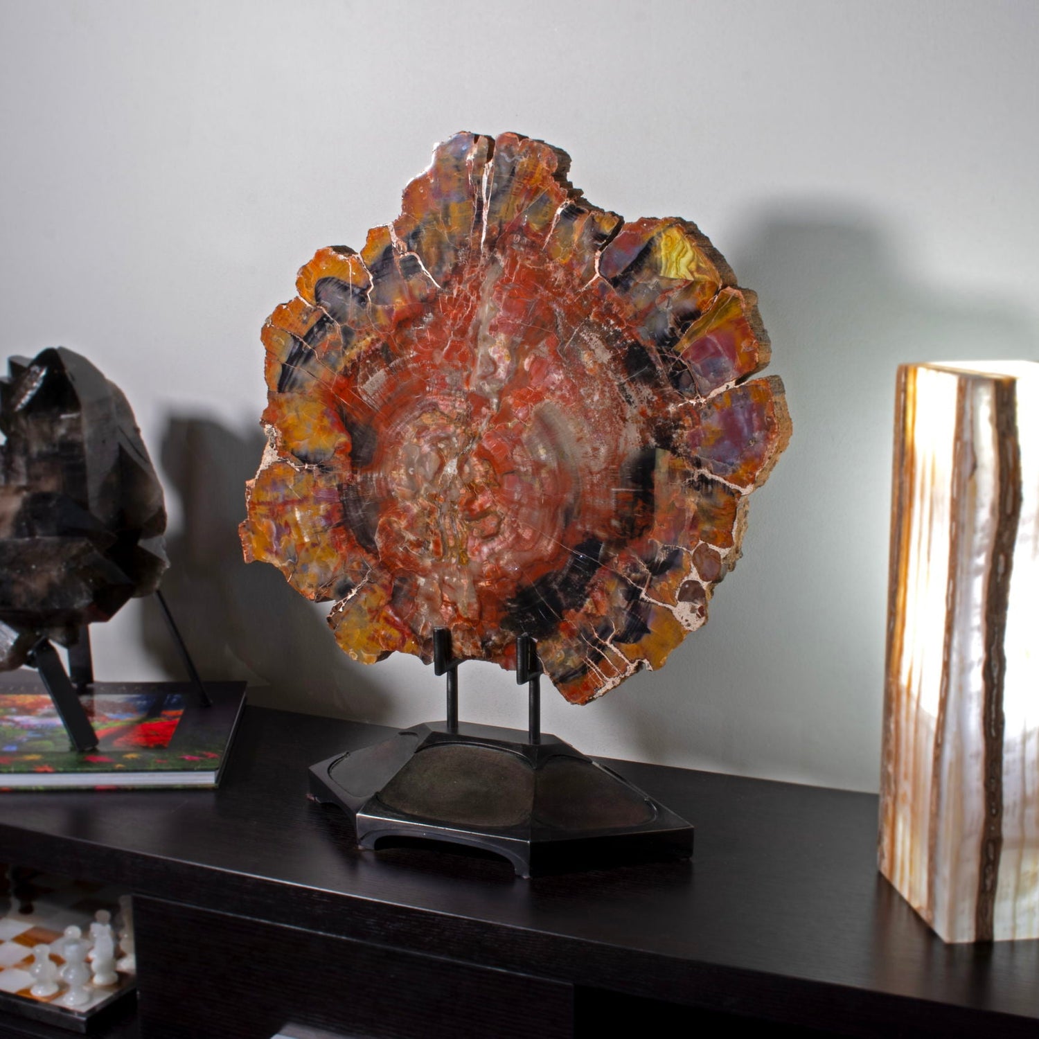 Arizona Rainbow Petrified Wood Slice on Custom Stand with Strong Carnotite Yellow & Purple Edges & Red Black Center with Lucite Easel
