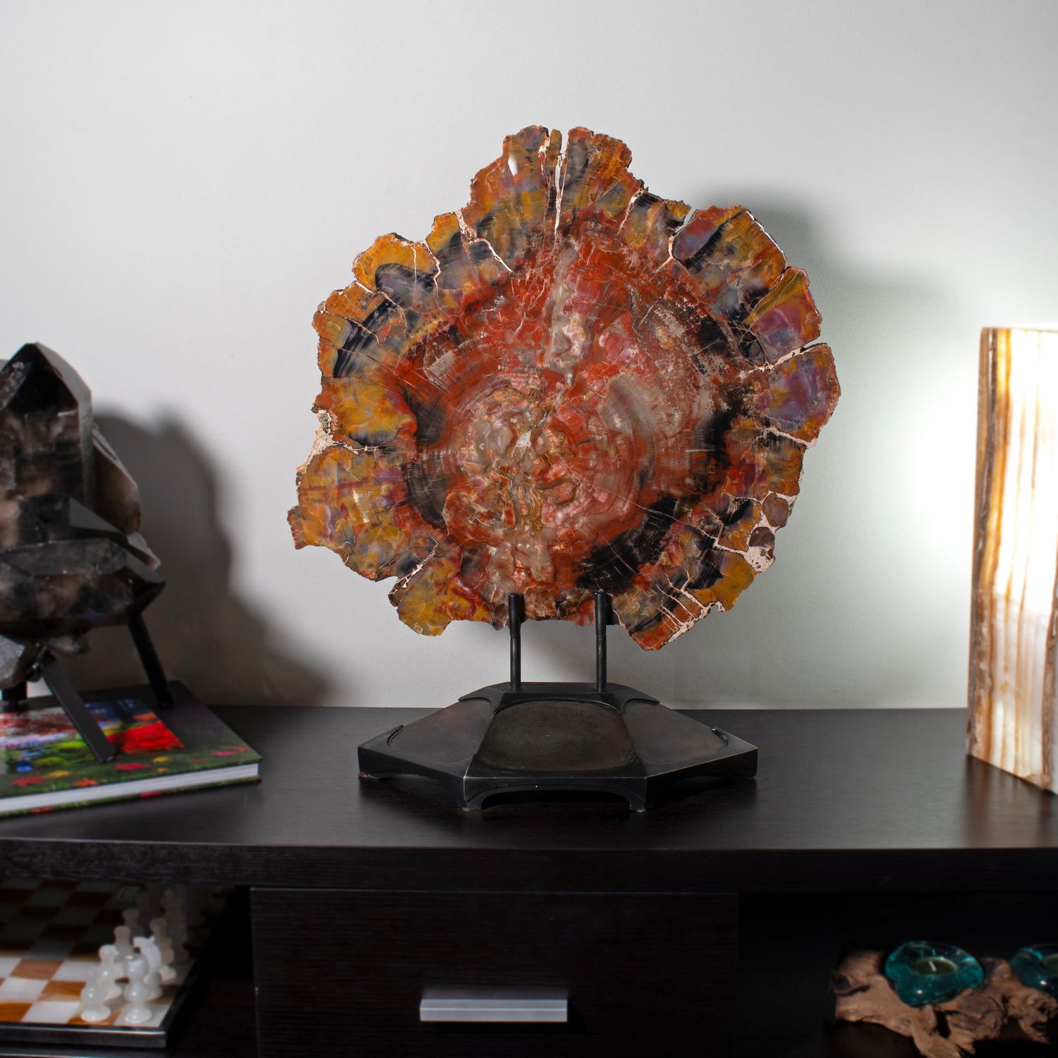 View of Arizona Rainbow Petrified Wood Slice on Custom Stand with Strong Carnotite Yellow & Purple Edges & Red Black Center with Lucite Easel