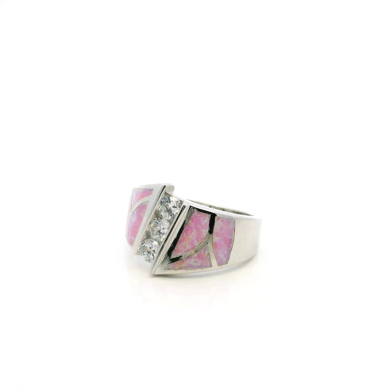 View of Pink Opal Ring - Curved Inlay Band With White Czs