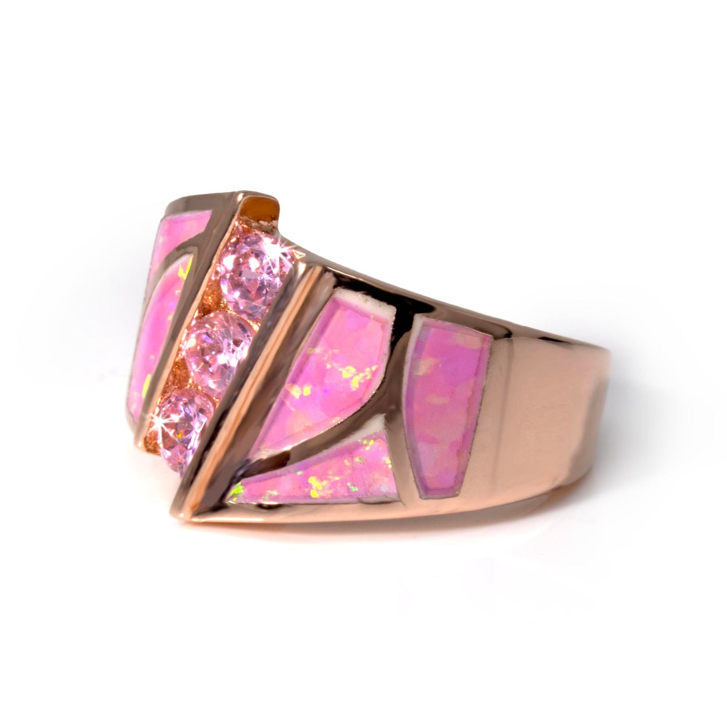Pink Opal Ring - Curved Inlay Band with Pink Czs & Rose Gold Overlay