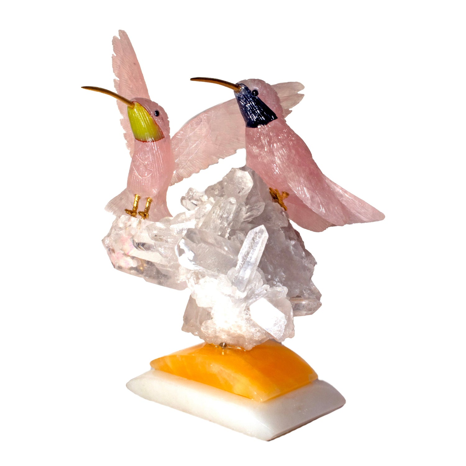 Rose Quartz Hummingbird Pair Perched on Quartz Crystal Cluster Base
