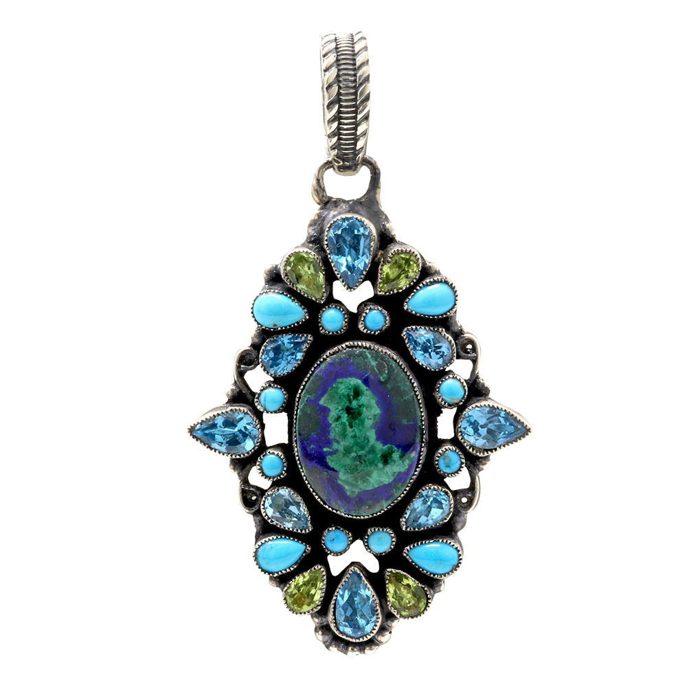 Leo Feeney Azurite & Chatoyant Malachite Pendant with Blue Topaz, Sleeping Beauty Turquoise & Peridot