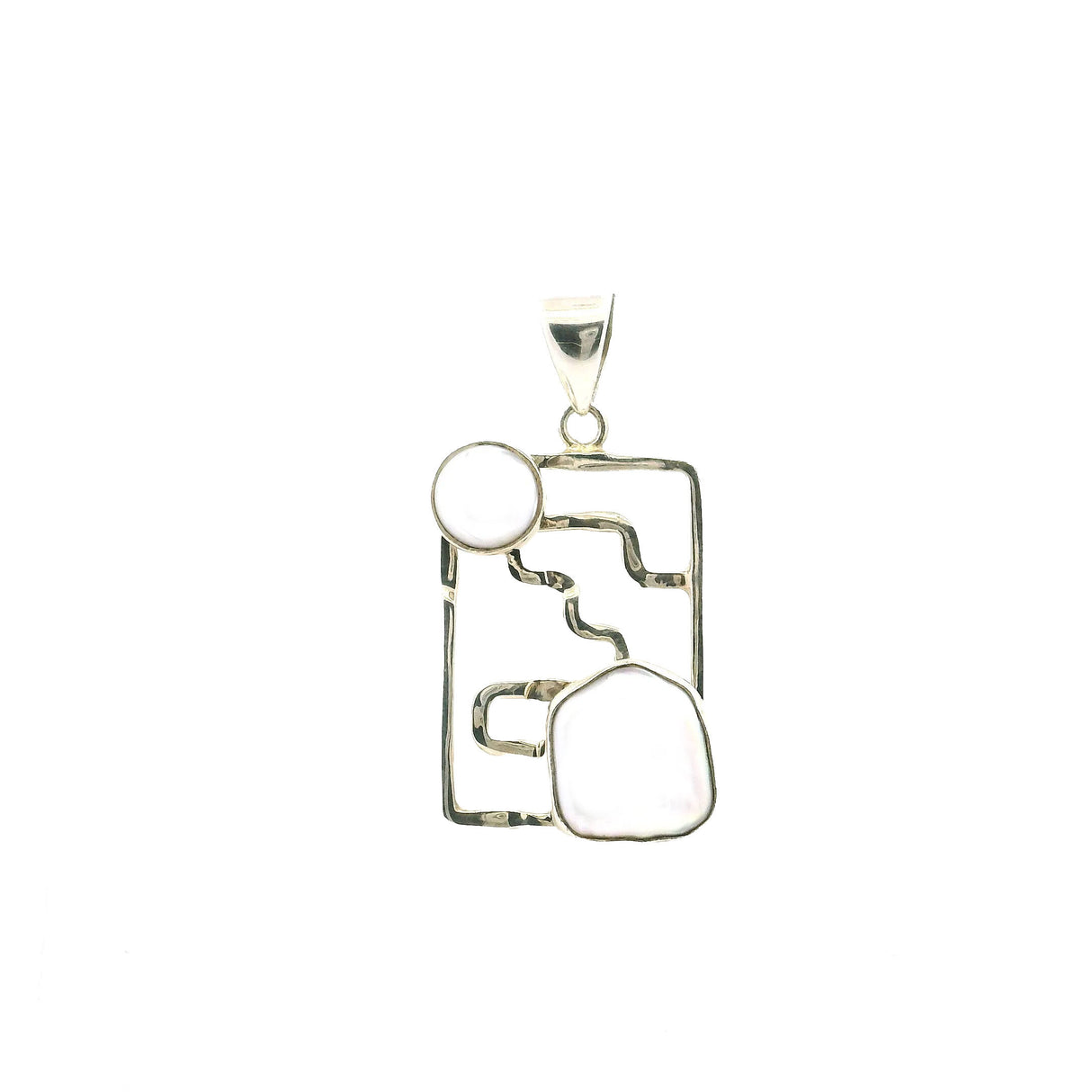 View of Freshwater Pearl Pendant - Pearl Round & Freeform Pearl Set In Silver Rectangle With Abstract Silver Line Work