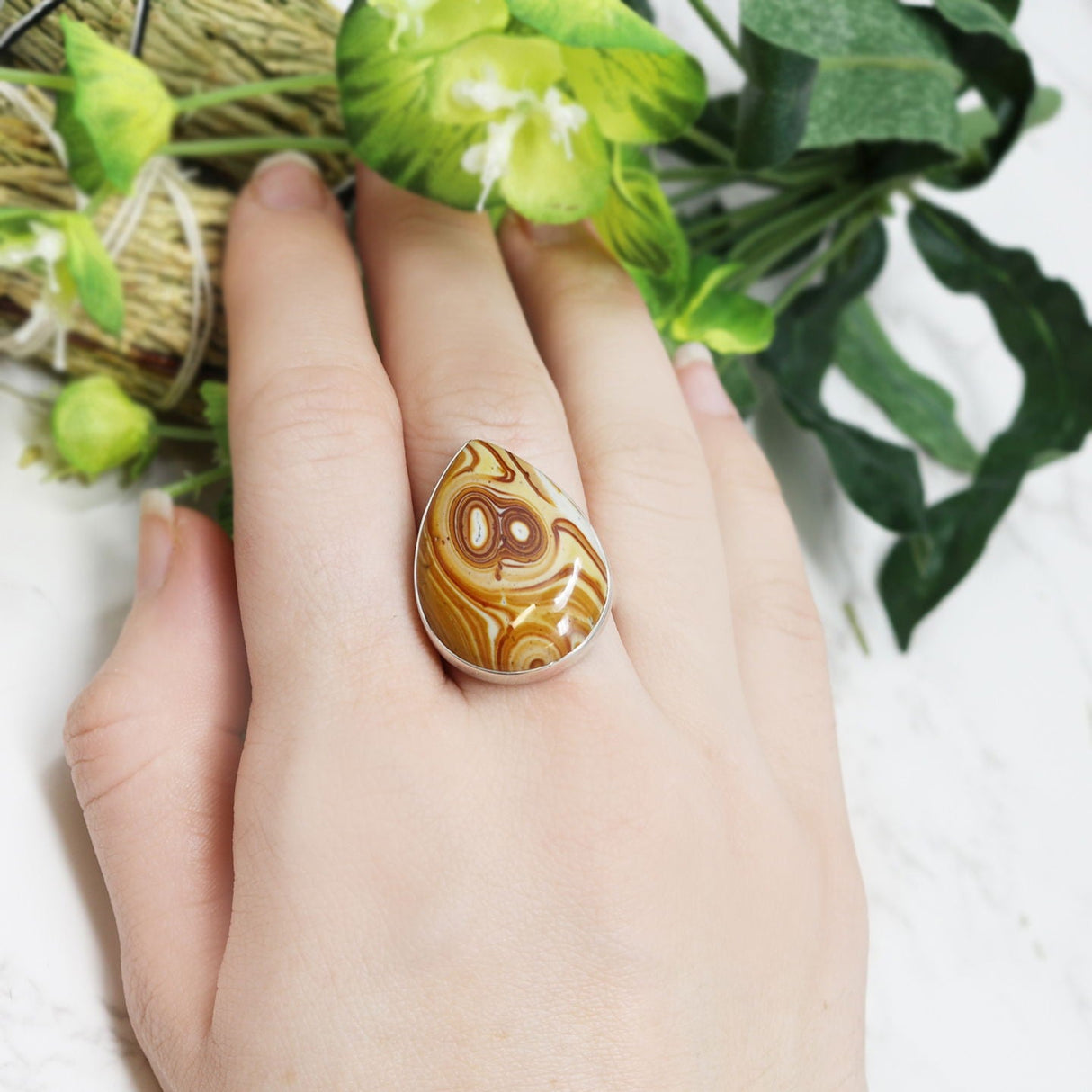 Willow Creek Jasper Ring Size 8 - Pear Cabochon with Simple 925 Sterling Silver Bezel & Band