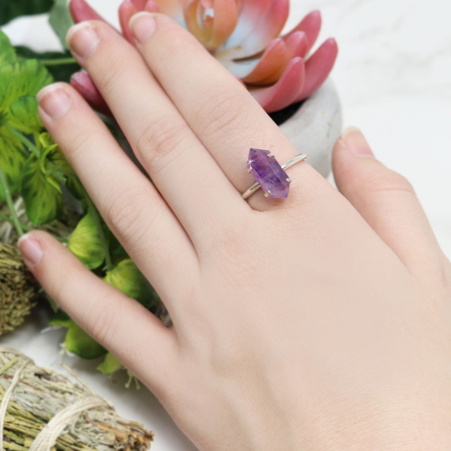 Amethyst Ring with Prong Set Double Terminated Point