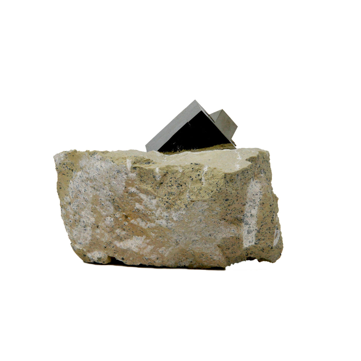 Cubic Pyrite Bonded Crystals in Matrix Set in Custom Patina Stand