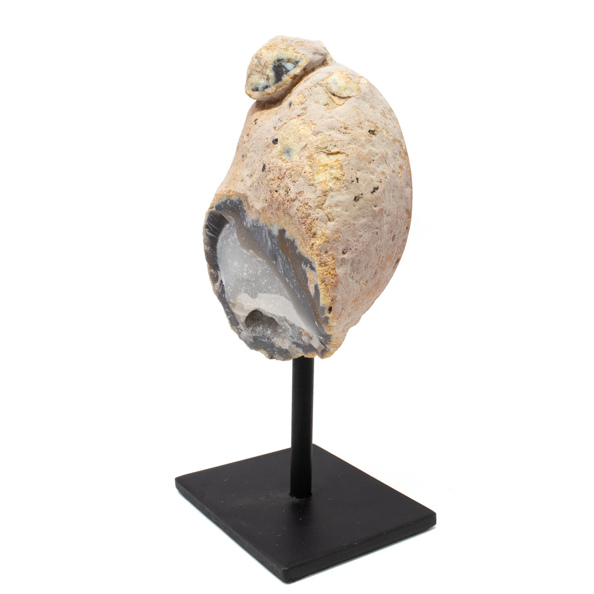 Druze Geode On Post Stand - Grayish Blue Agate Ring With Quartz Druze Center