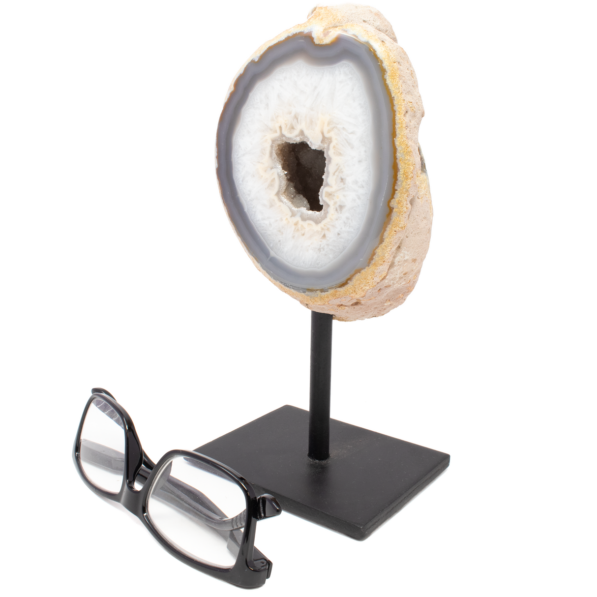 View of Druze Geode On Post Stand - Grayish Blue Agate Ring With Quartz Druze Center