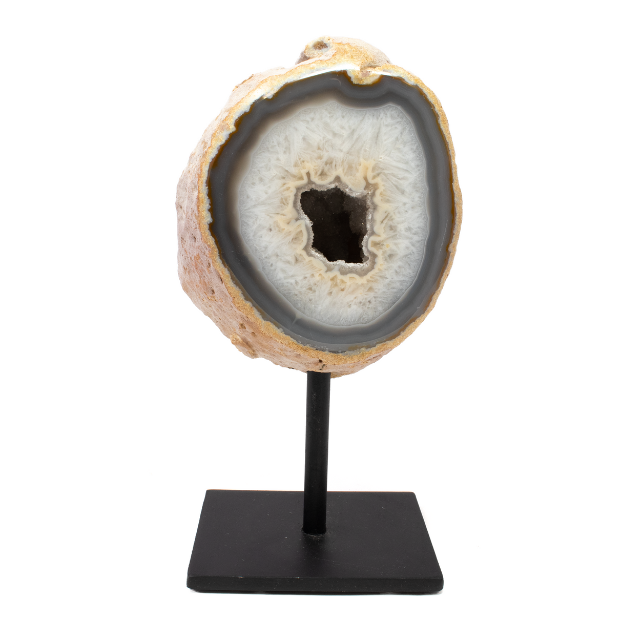 View of Druze Geode On Post Stand - Grayish Blue Agate Ring With Quartz Druze Center