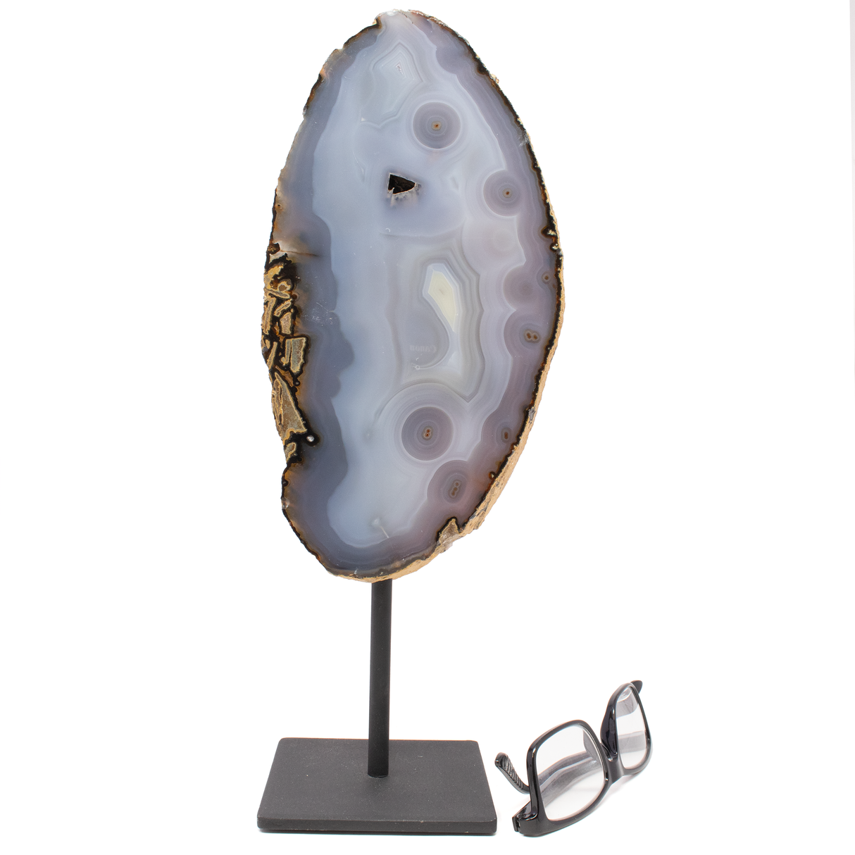Agate Slice on Post Stand - Elongated with Multiple Eyes & Dissolved Pocket in Center