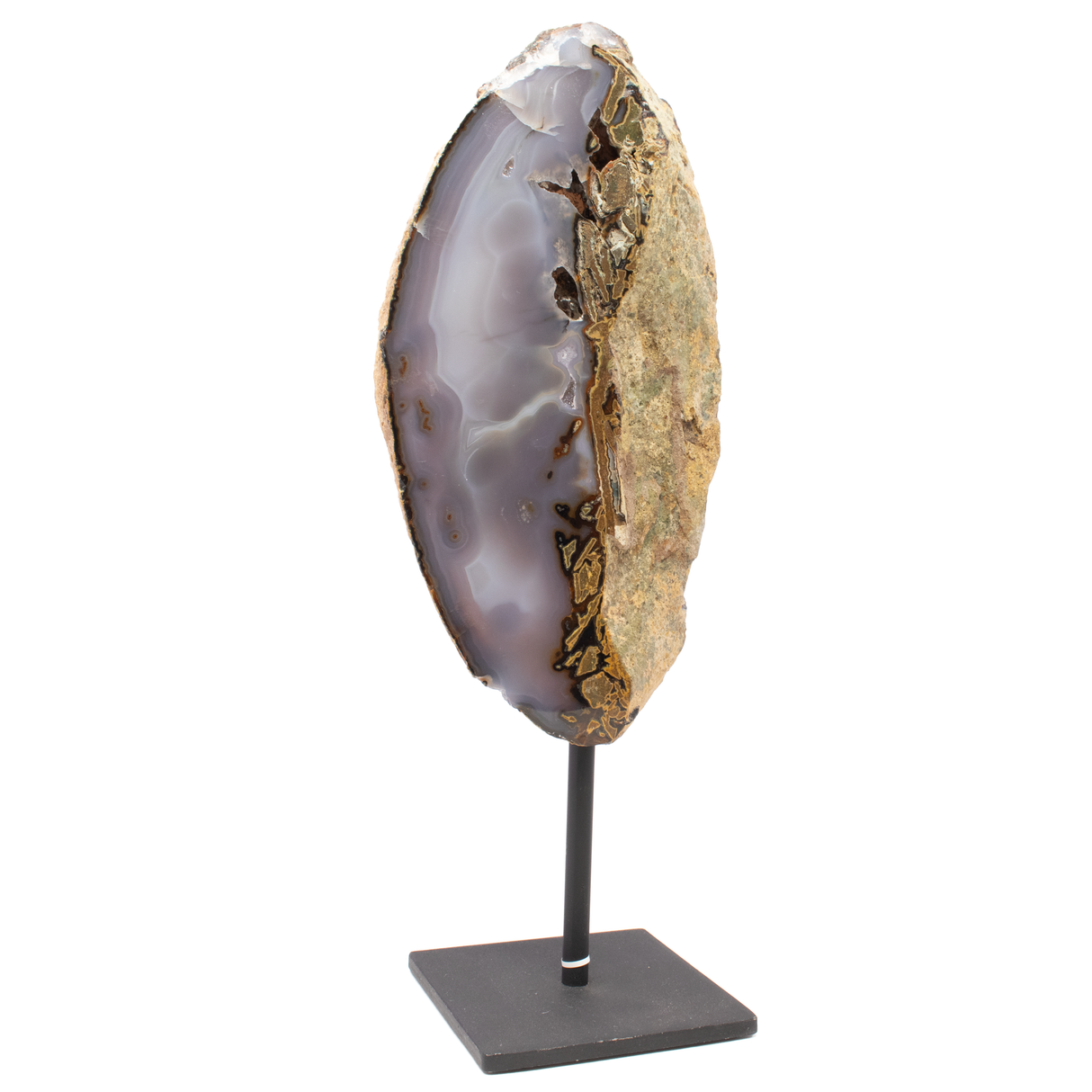 Agate Slice on Post Stand - Elongated with Multiple Eyes & Dissolved Pocket in Center
