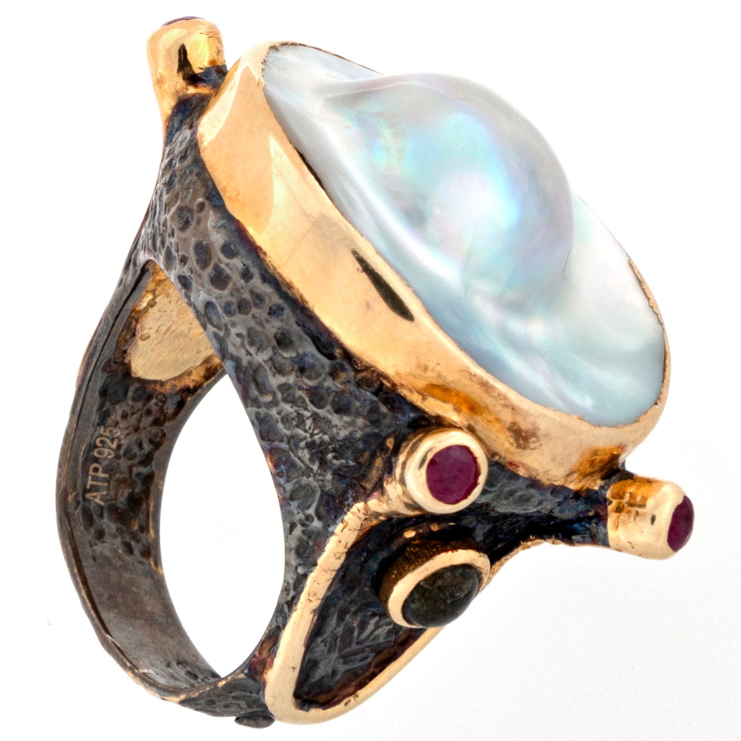 View of Mabe (Blister) Pearl Ring - With 4 Faceted Ruby Rounds & 2 Faceted Green Tourmaline Rounds Set On Oxidized Silver Hammered Band With Gold Vermeil Accents Sz8.5