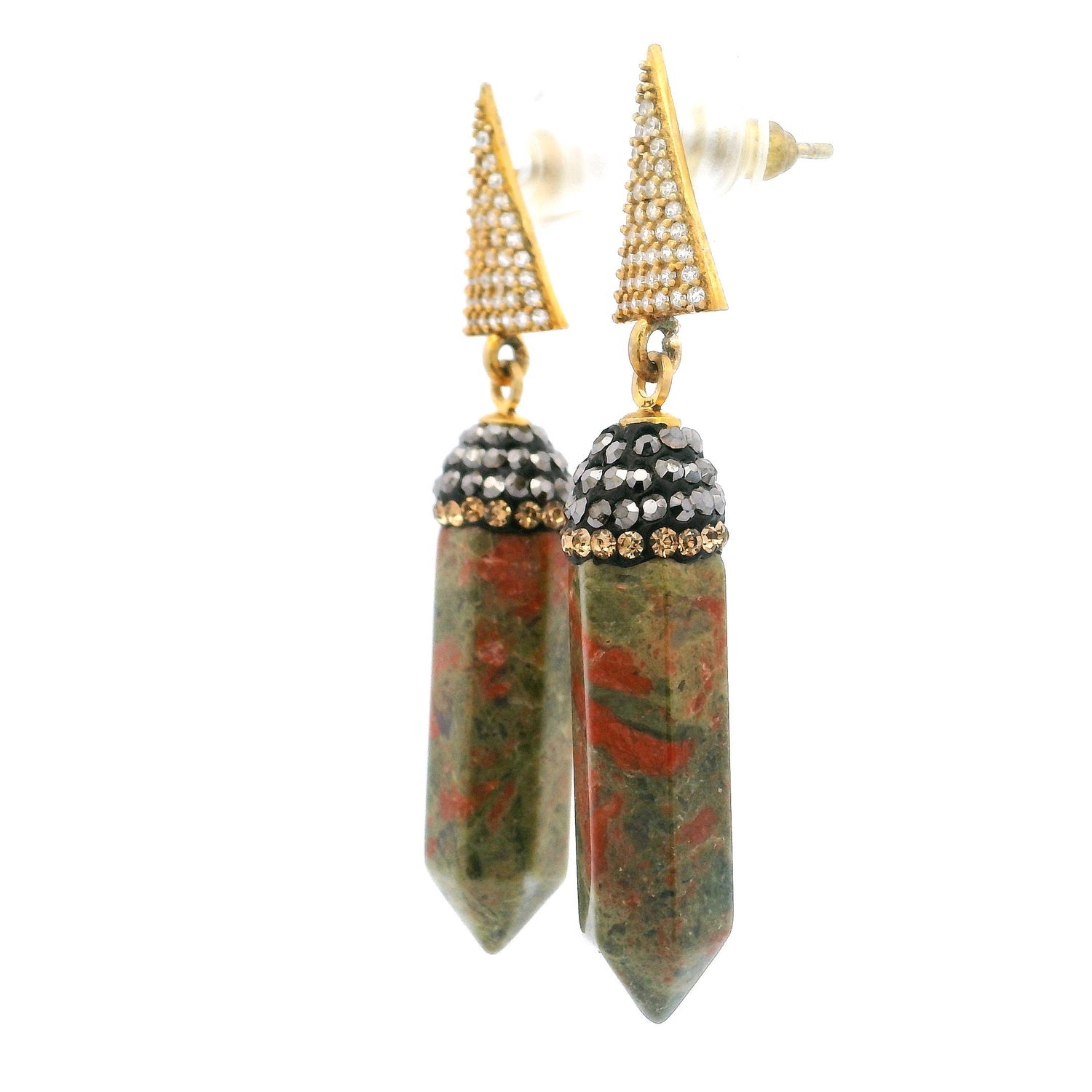 Unakite Dangle Earrings - Point Lantern Set with Gold Swarovski Crystals & Marcasite Hanging from Triangle with Gold Vermeil in 925 Sterling Silver
