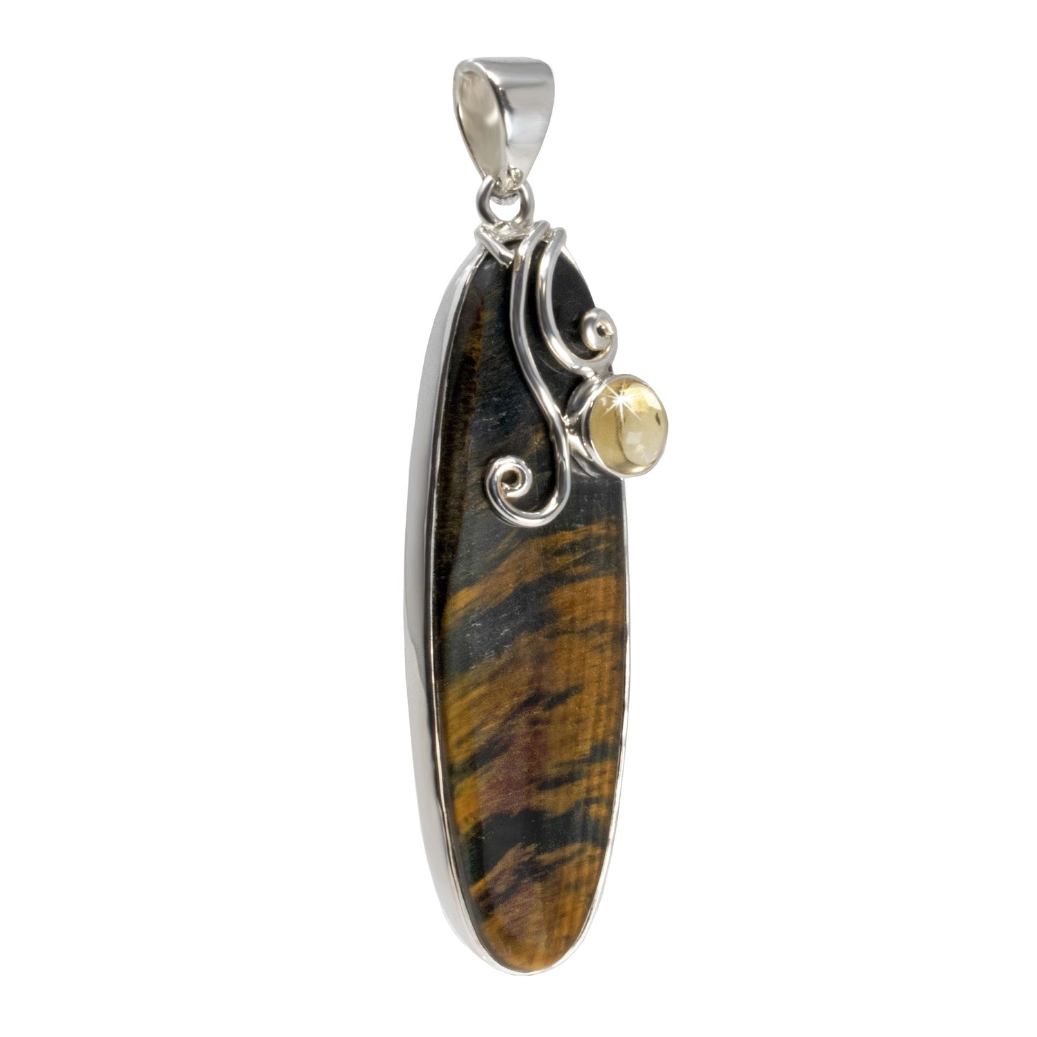 Pietersite Pendant - Elongated Oval with Citrine Round Cabochon & Silver Swirls Set in Silver Bezel - 3"+