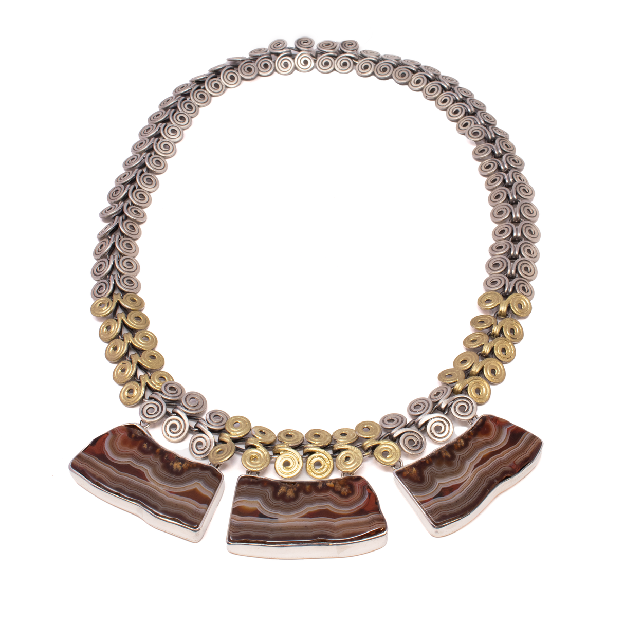 View of Carnelian Necklace - 3 Freeform Slices With Silver Bezels Set On Hittite Swirl Sterling Silver Chain With Gold Vermeil