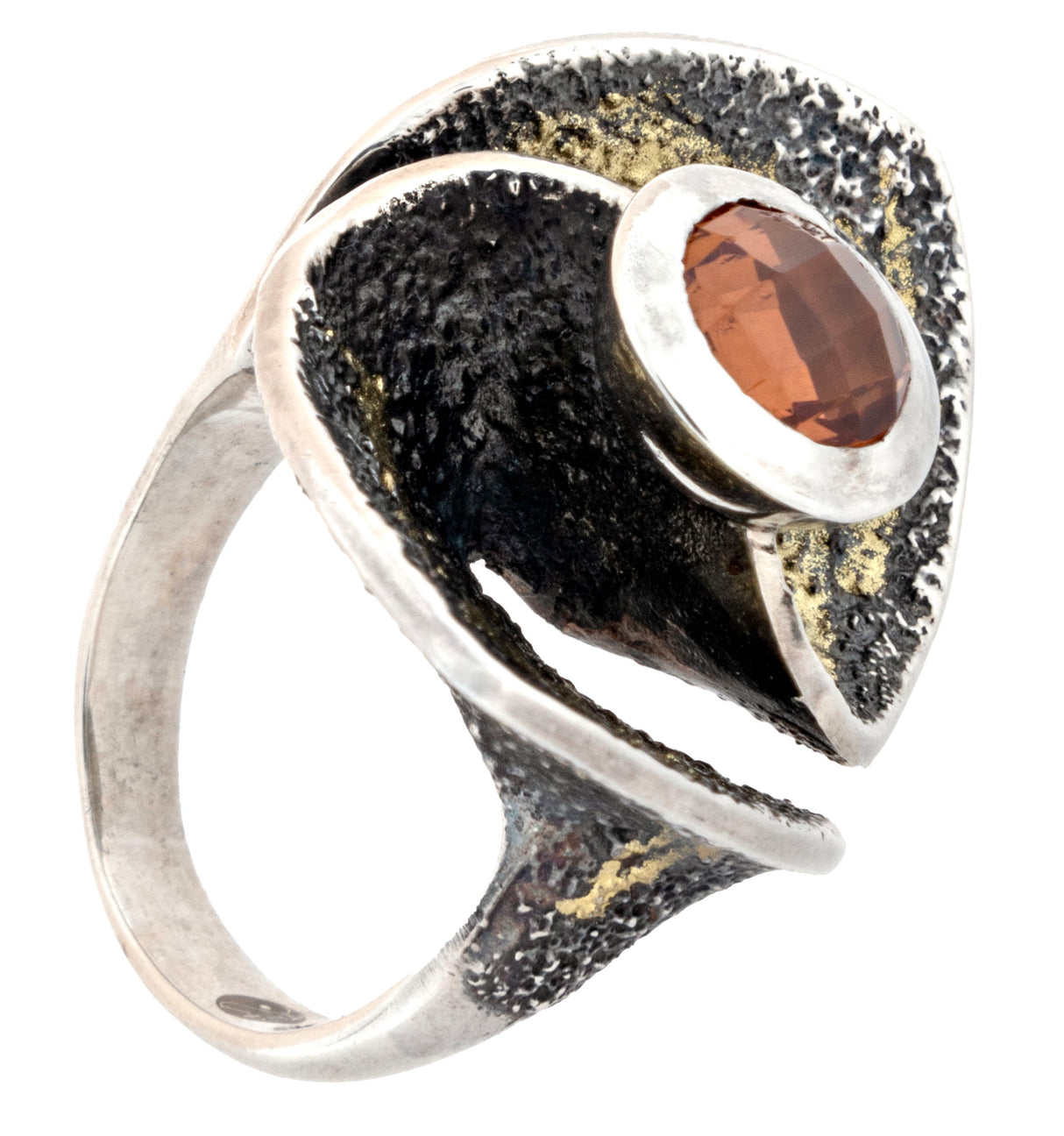 View of Faceted Zultanite Ring - Round Set On Textured Oxidized Sterling Silver Flower Petal Band Top With Gold Vermeil Accents Sz8.5