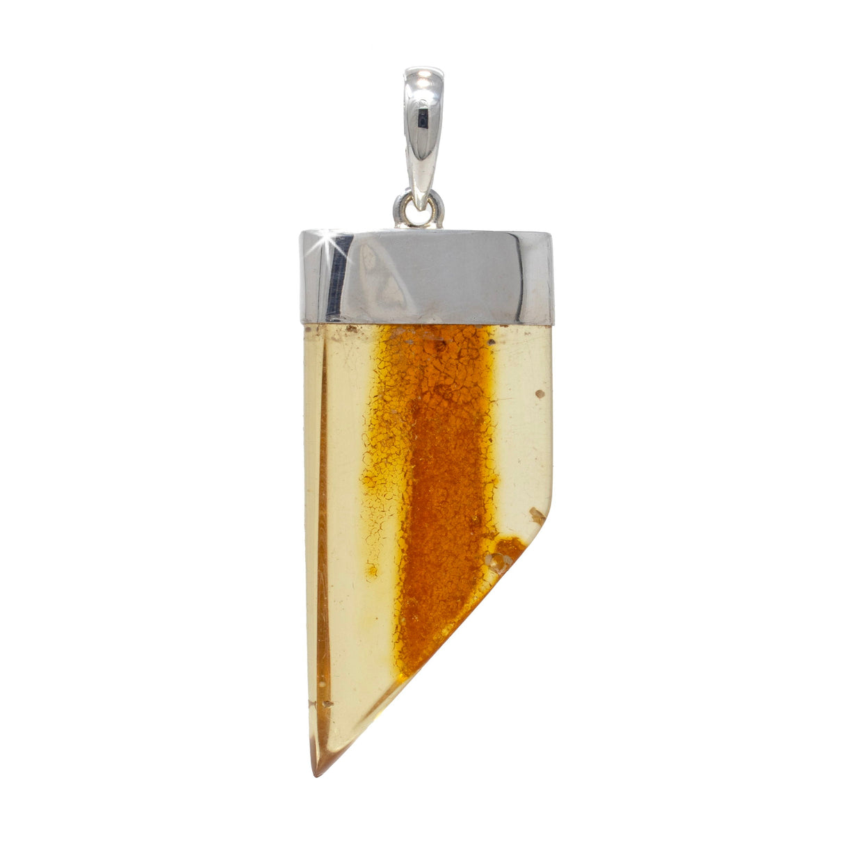 Amber Pendant - Natural Amber Tapered Freeform with Silver Lantern Top Bezel - Semi-translucent Honey Color with Cognac Colored Honeycomb Texture Vein