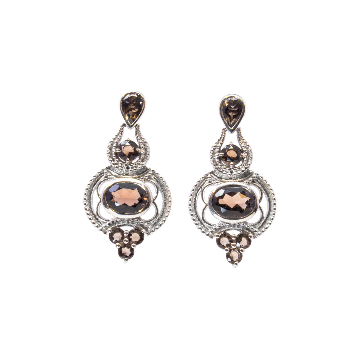 View of Smoky Quartz Dangle Earrings On-post - Faceted Oval With Pear & Round With Round Trio Set On Ornate Silver Beaded Frame