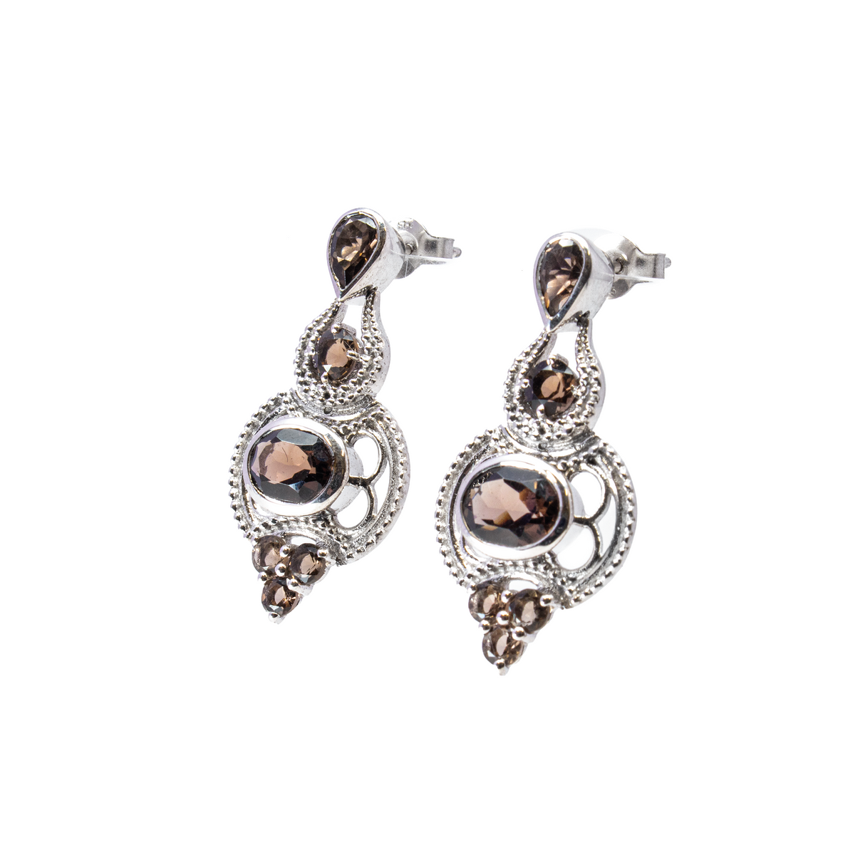 View of Smoky Quartz Dangle Earrings On-post - Faceted Oval With Pear & Round With Round Trio Set On Ornate Silver Beaded Frame
