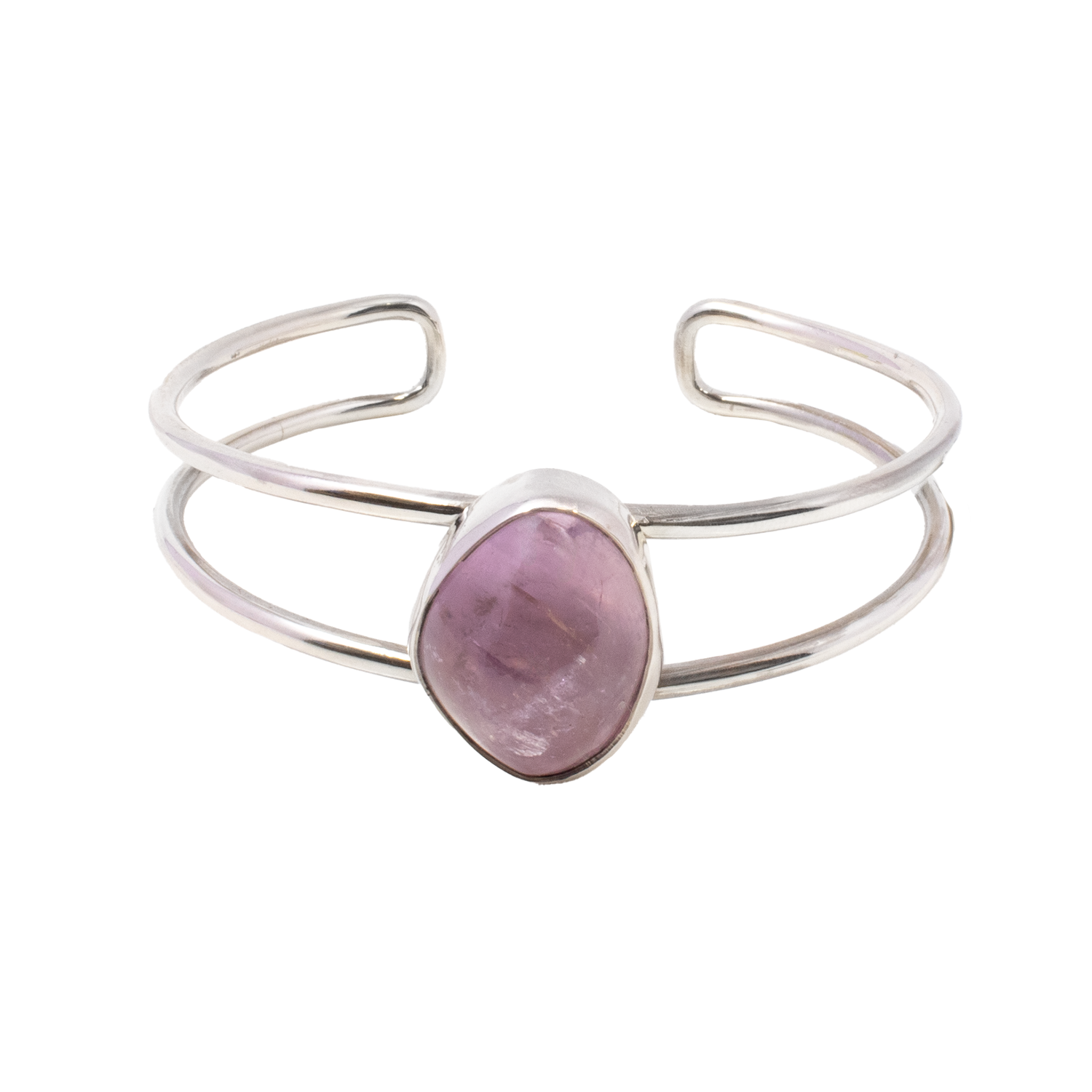 View of Kunzite Cuff - Cambered Freeform Cabochon With Simple Silver Bezel On Open Double Band