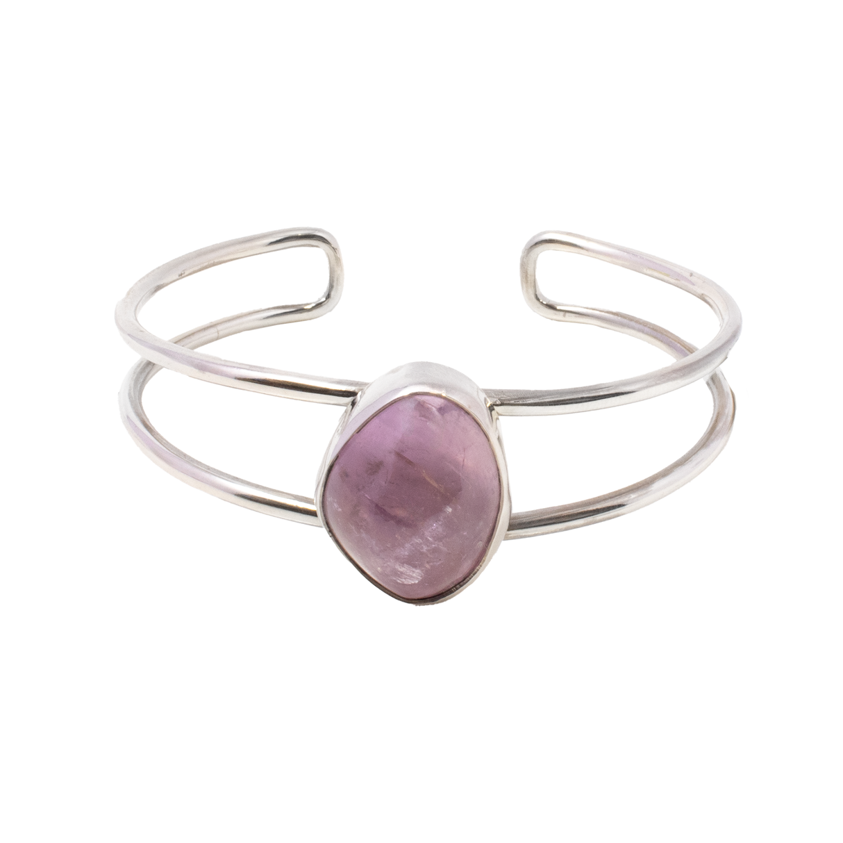View of Kunzite Cuff - Cambered Freeform Cabochon With Simple Silver Bezel On Open Double Band