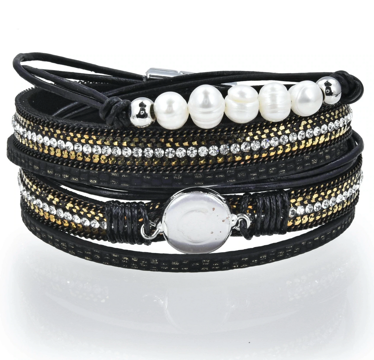 Black Leather Double Wrap Bracelet with Coin Pearl Feature & 5 Pearl Sequence with Magnetic Clasp