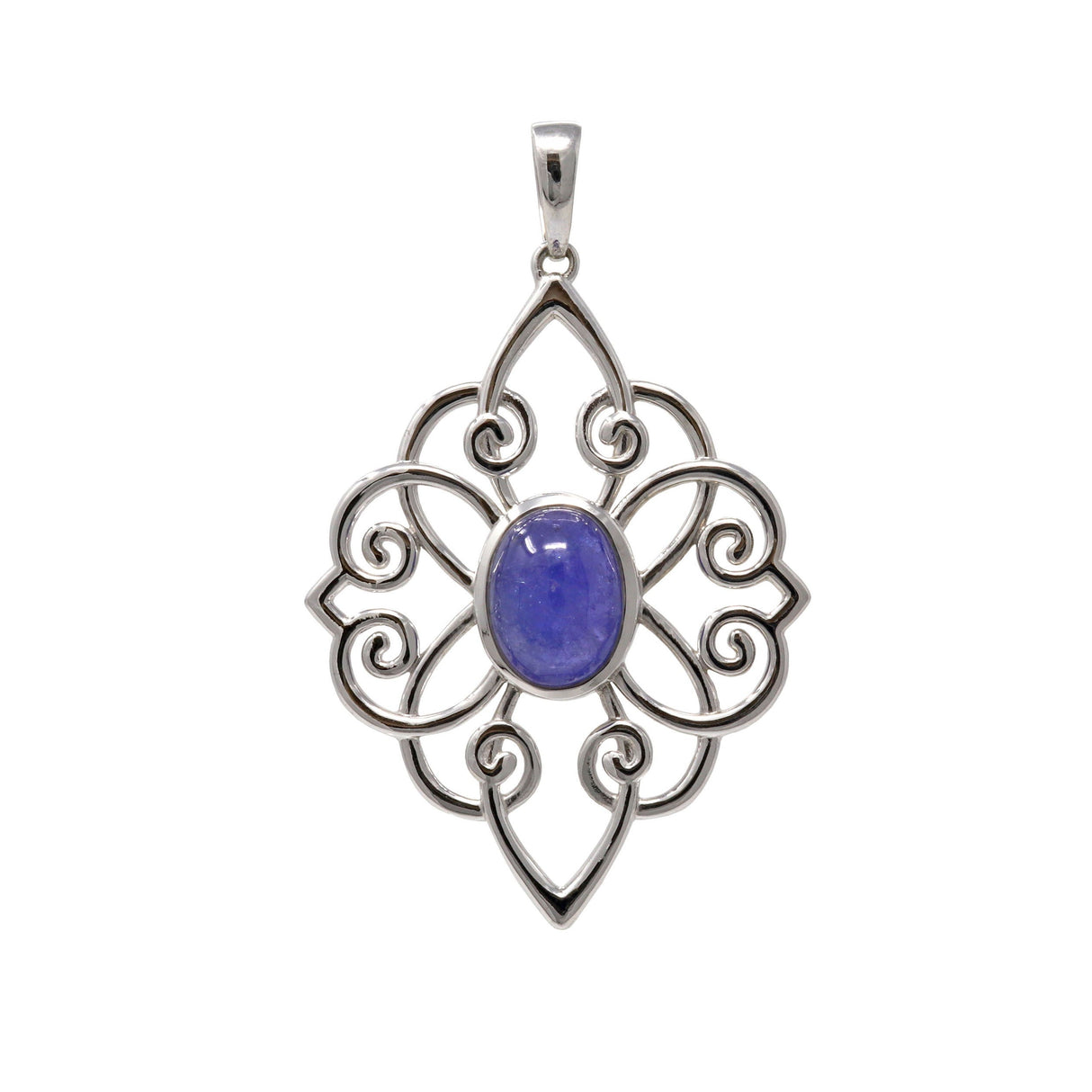 Tanzanite Pendant - Oval Cabochon with Ornate Intertwining Silver Design