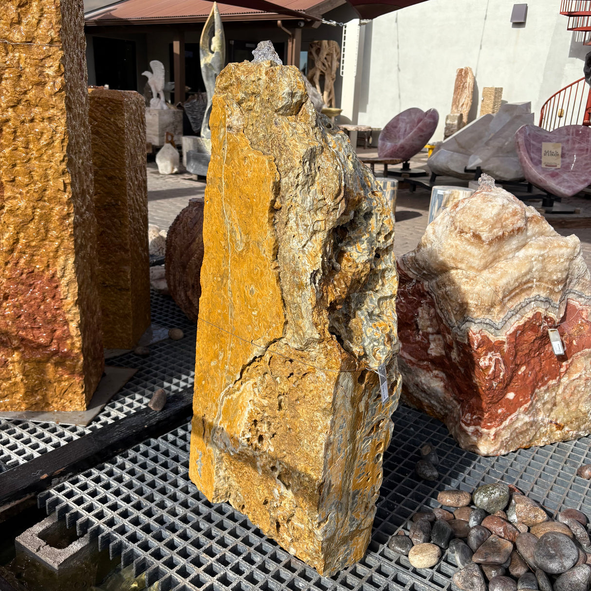 Gray Gold Onyx Fountain - Swiss Cheese Pattern with 1 Cut Side