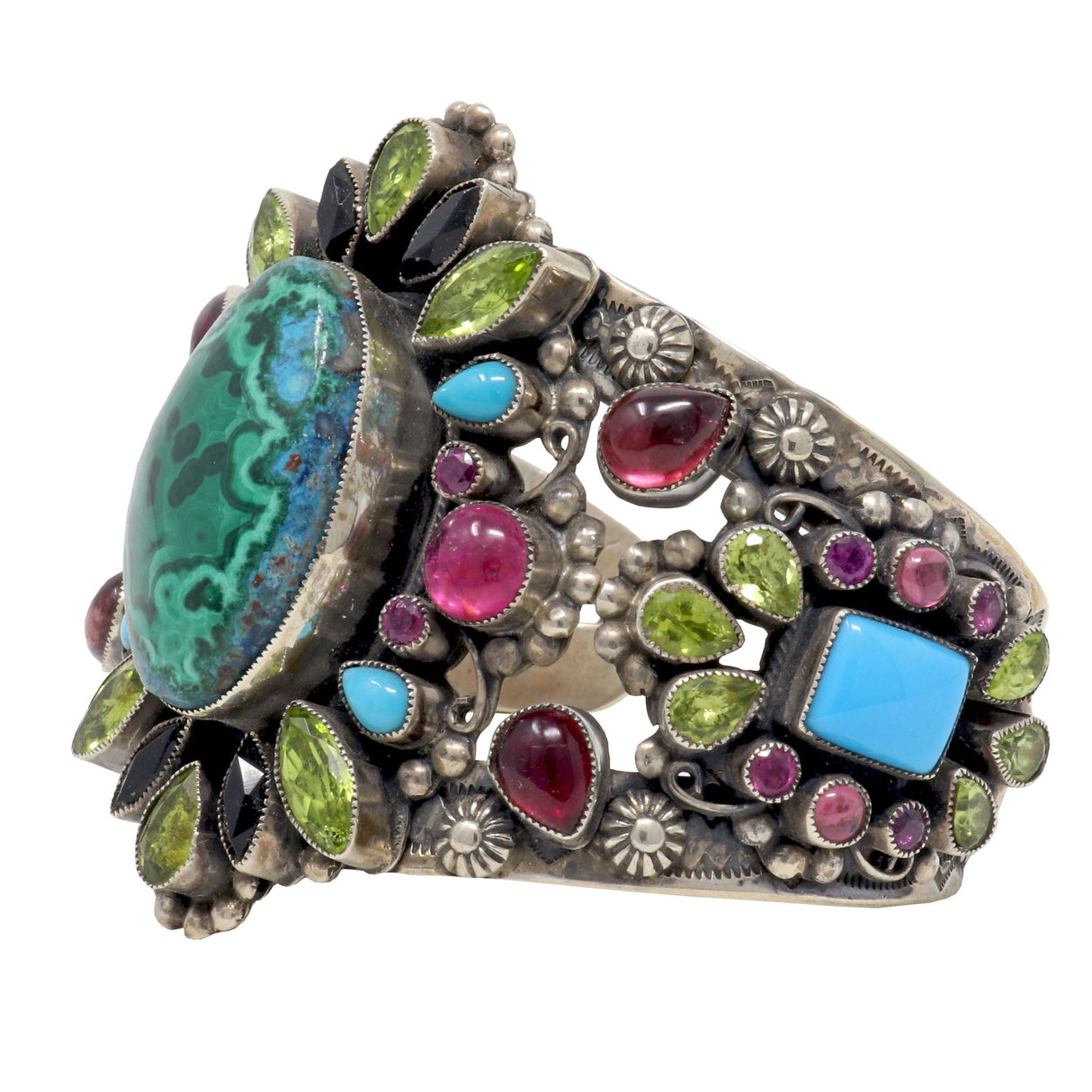 Leo Feeney Malachite & Chrysocolla Cuff Bracelet with Peridot, Pink Tourmaline, Sleeping Beauty Turquoise, Garnet & Black Onyx