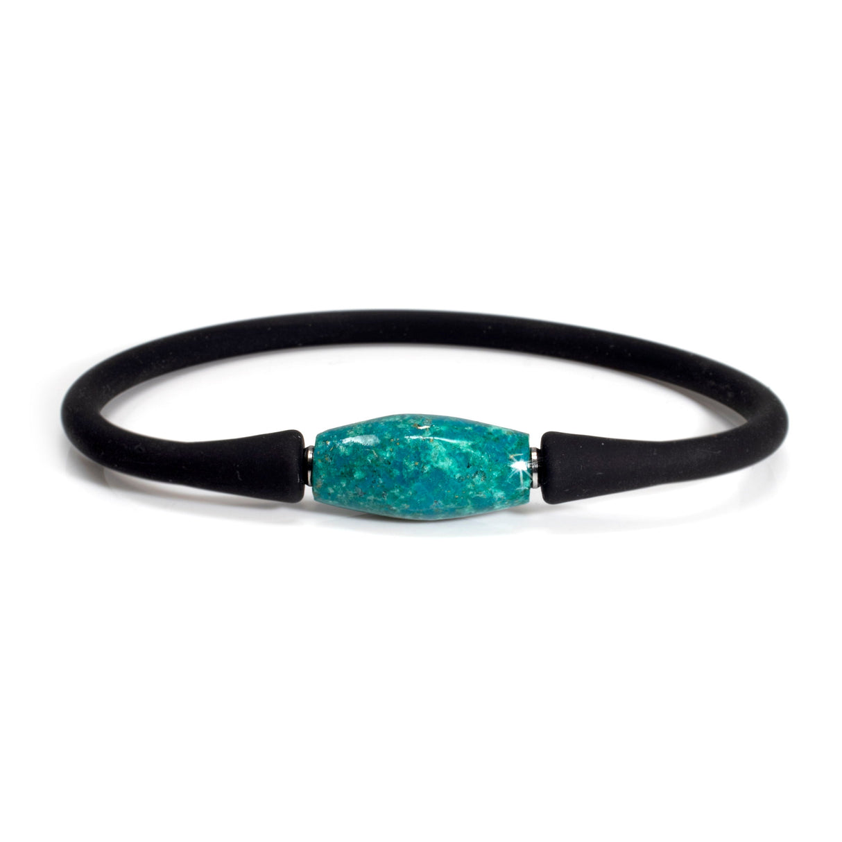Chrysocolla Bangle Bracelet - Barrel Bead Set on Black Silicone Band - Vibrant Ocean Blue & Jungle Green Hues with Raw Sienna Matrix