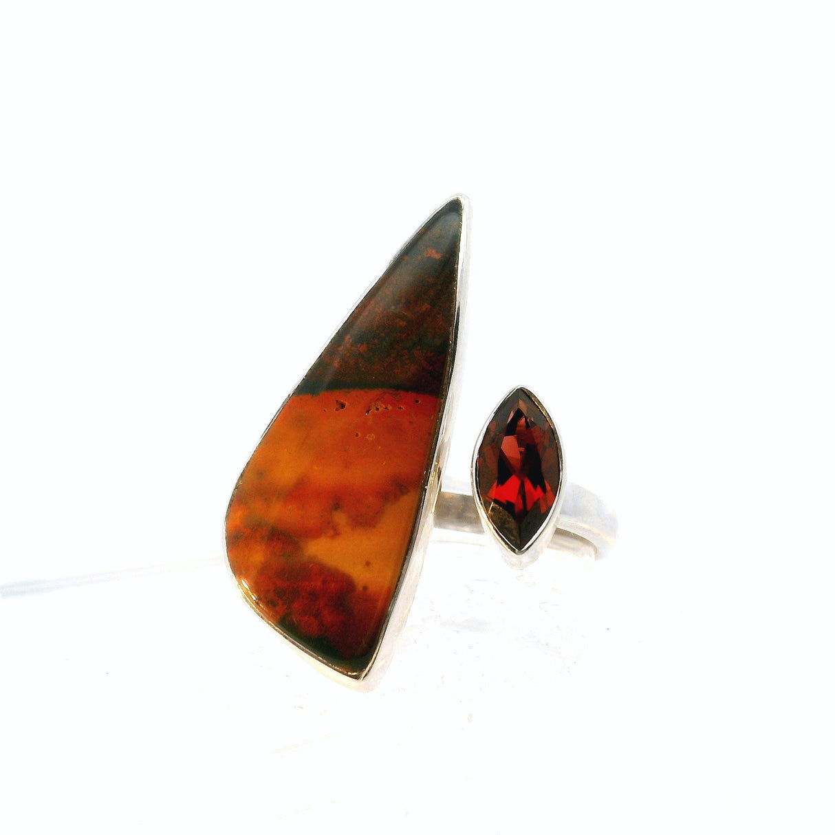 Bloodstone Ring - Freeform Cabochon with Golden & Rust Patterns & Sharp Oval Faceted Garnet Bezel Set on Open Band in 925 Sterling Silver szAdj