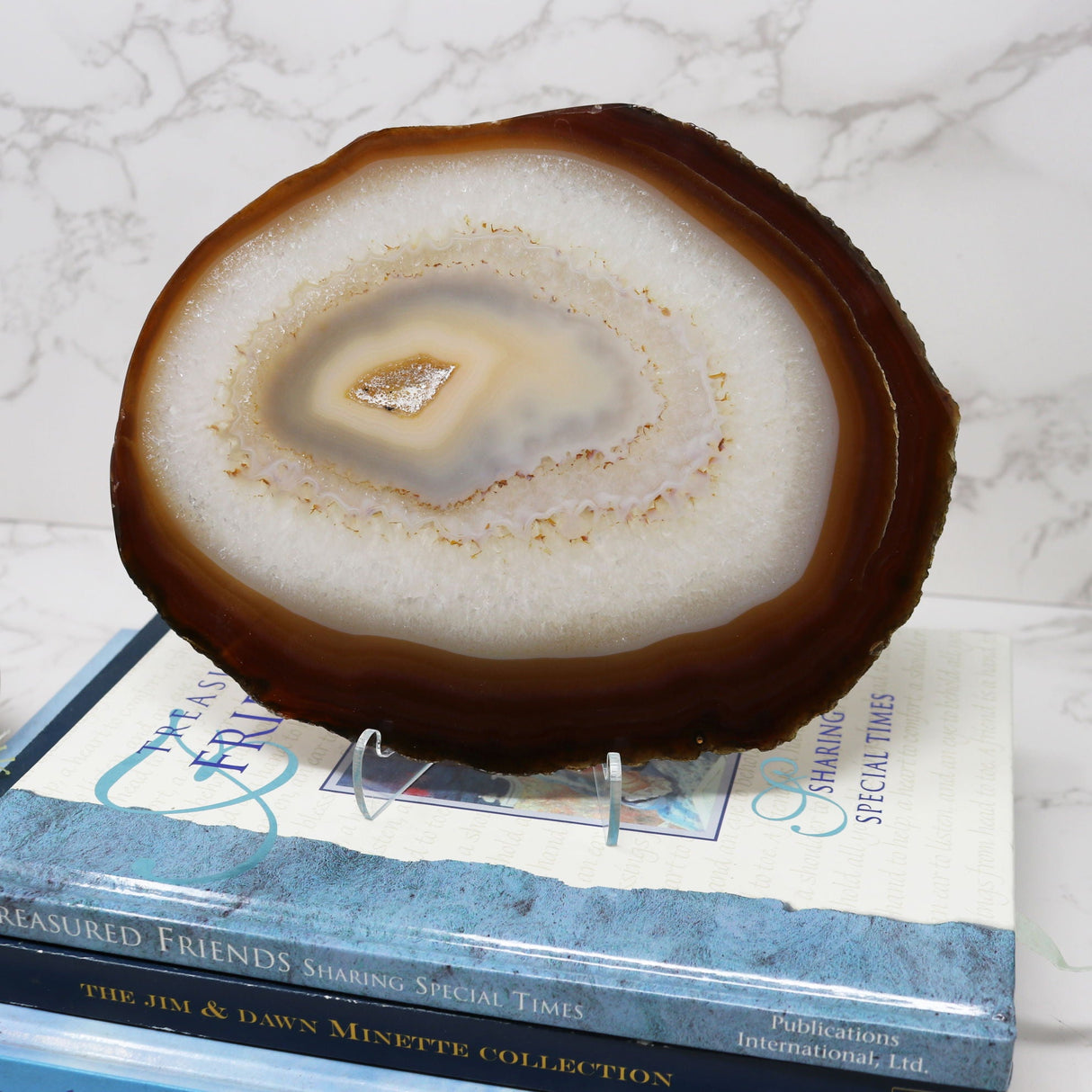 Agate Slice on Screw Stand with Coffee Agate & Druze Center with Double-Sided Polish