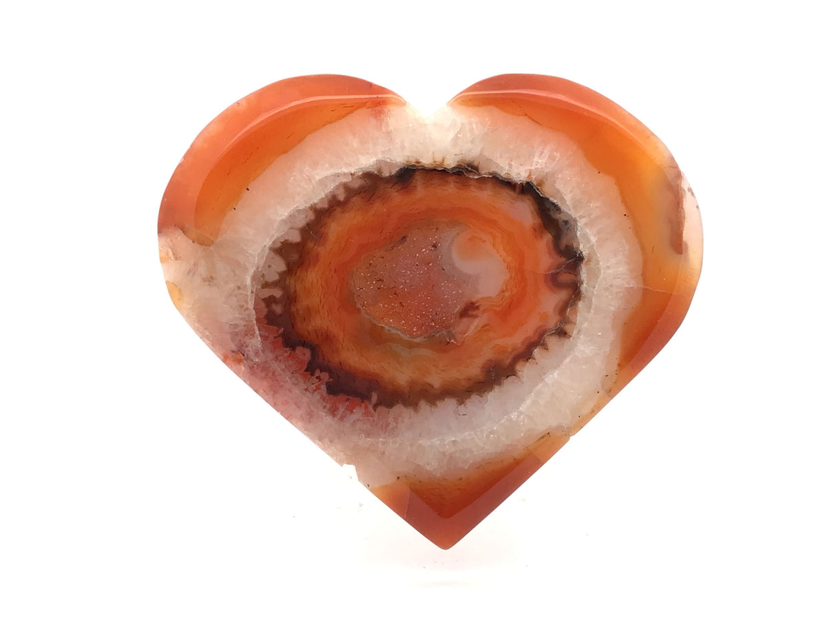 Sardonyx Carnelian Agate Heart Flat with Druze on Lucite Stand - Orange on Outer Curves & Tip with Wide Quartz Band & Brown & Orange Surrounded Druze Pocket