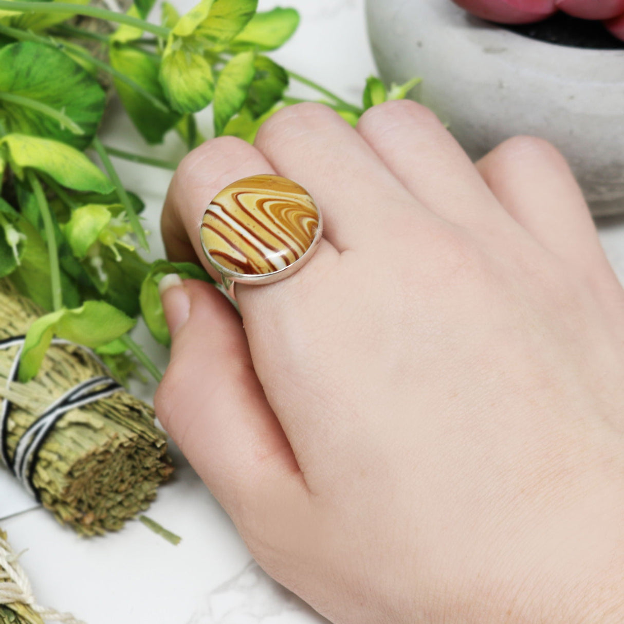 Willow Creek Jasper Ring Size 6 - Simple Round Cabochon with 925 Sterling Silver Bezel & Band - Deep Red Banding with Cream & Tan Hues