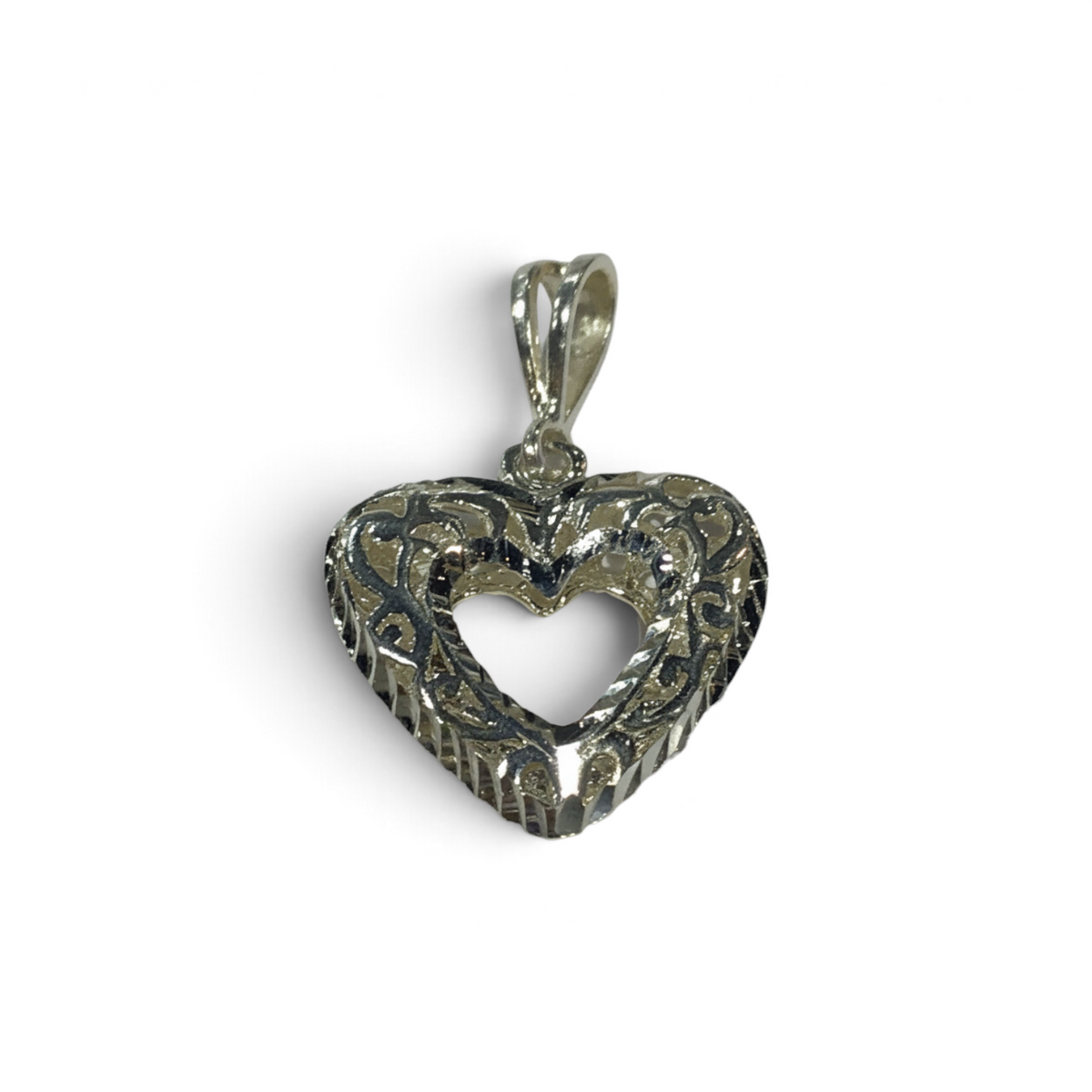 Rare Earth Gallery small sterling silver heart pendant featuring intricate open filigree scrollwork detail.